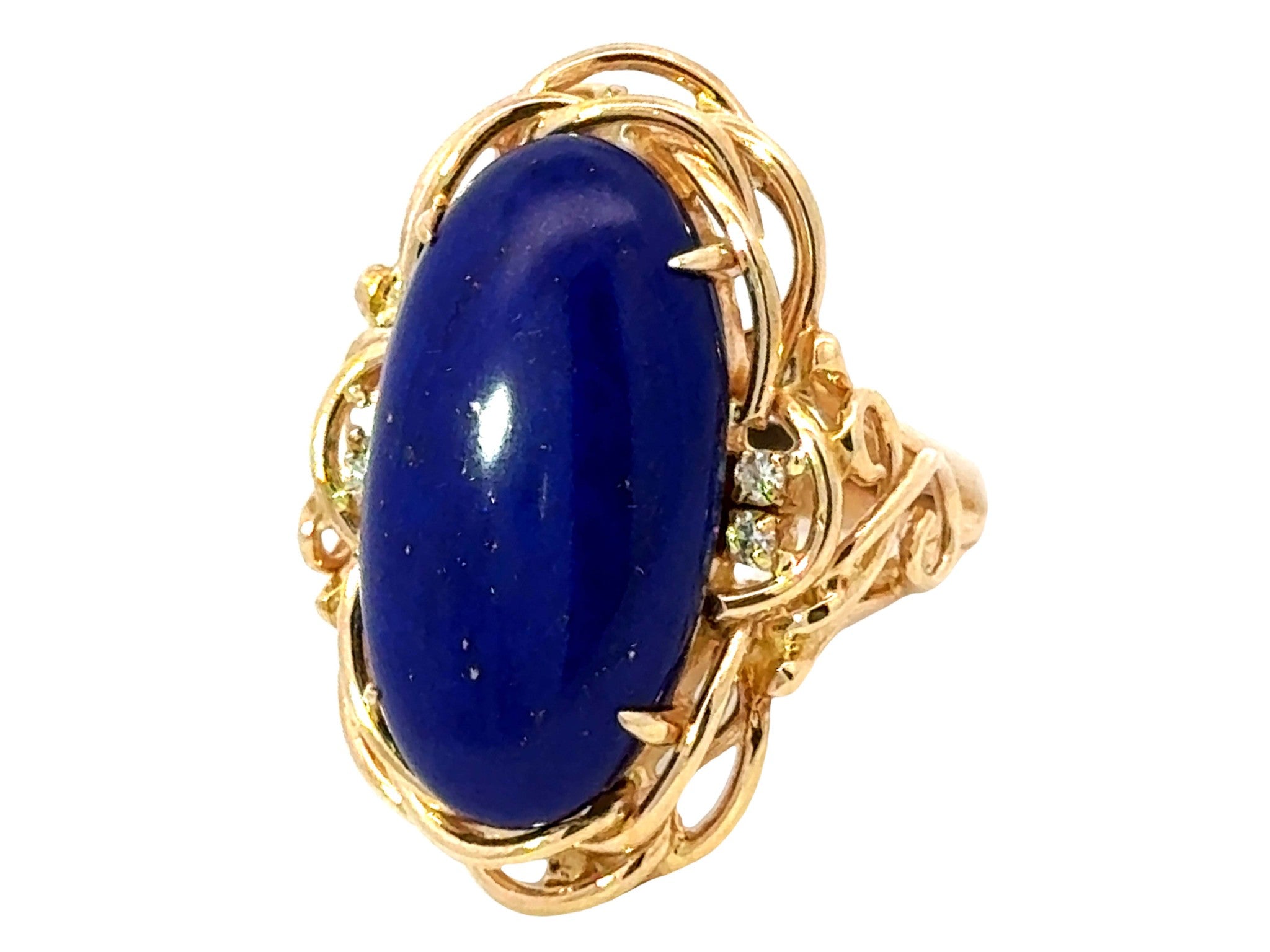 Large Lapis Lazuli Diamond Cocktail Ring 14k Yellow Gold