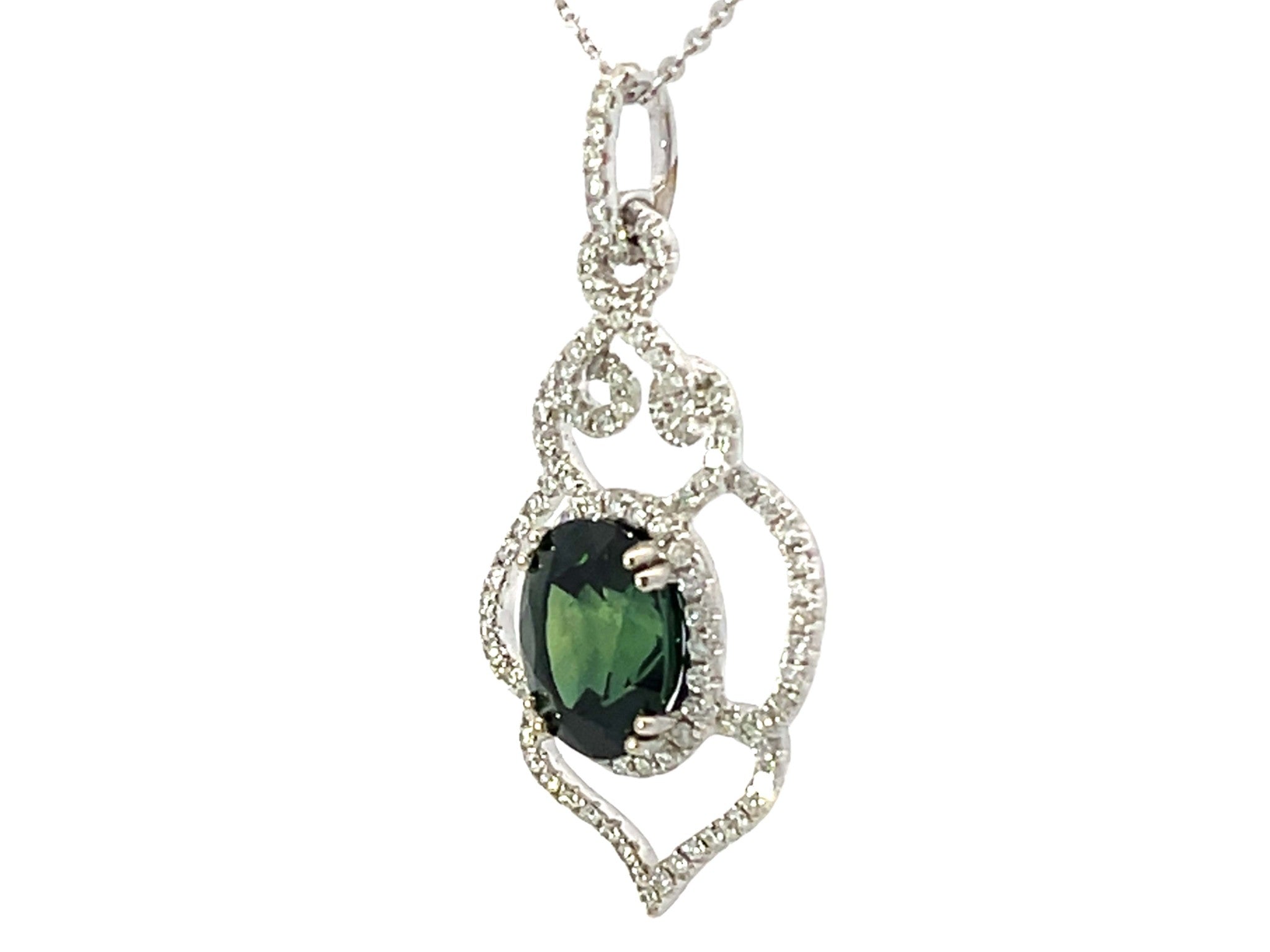 GIA Green Sapphire Diamond Pendant and Chain White Gold