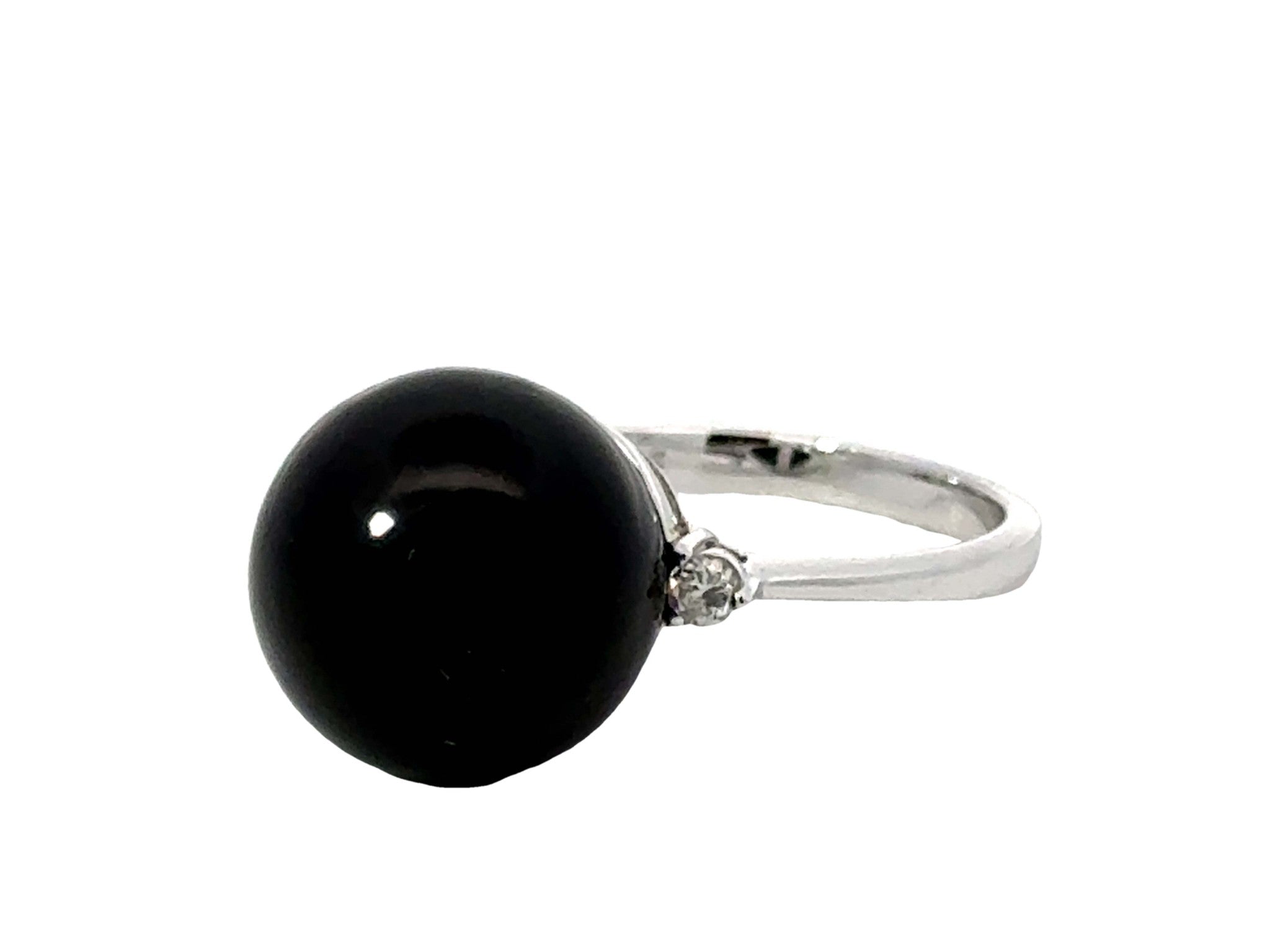 Black Onyx Sphere and Diamond Ring 14K White Gold