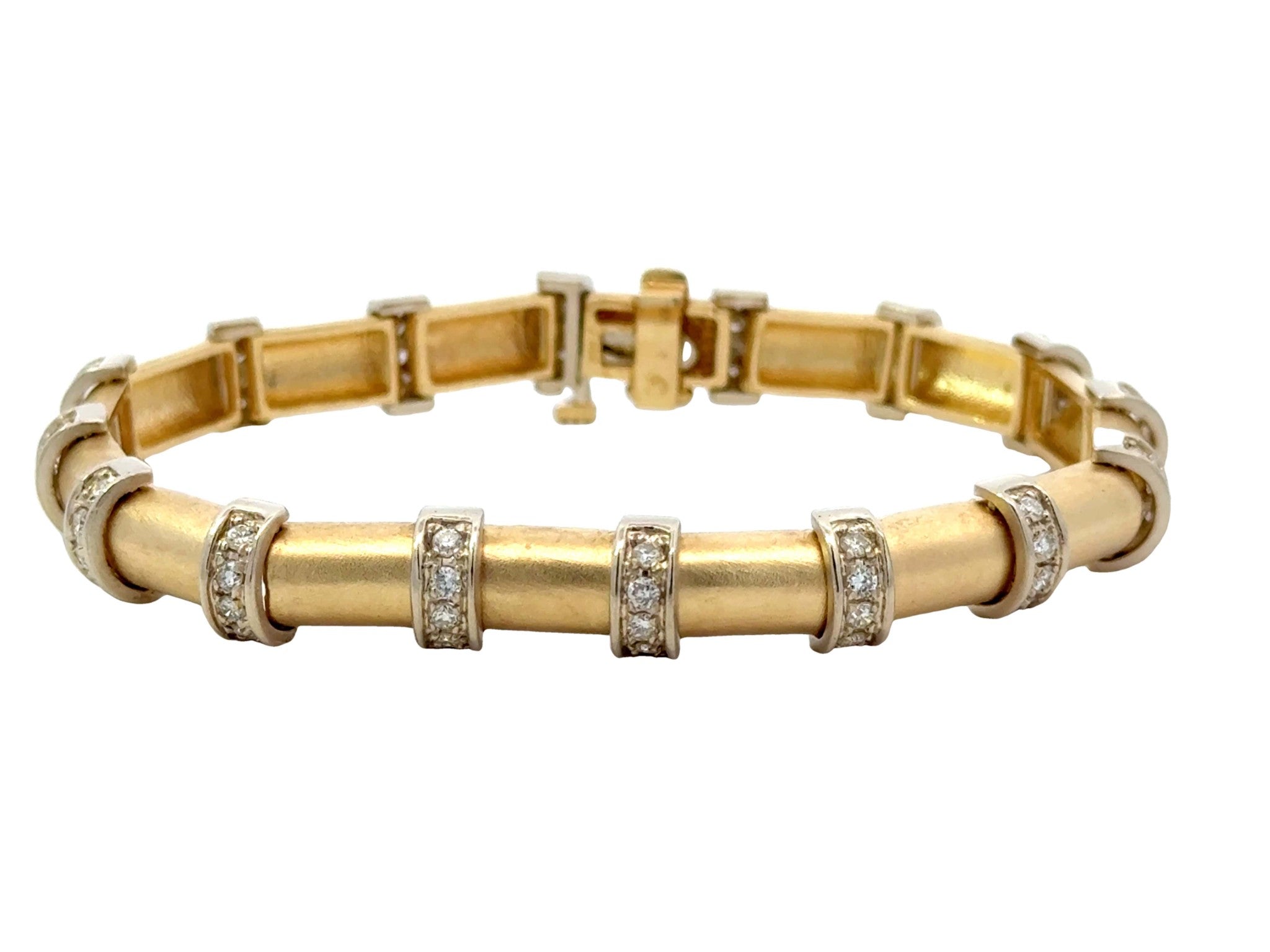 Sectional Half Round Barrel Diamond 14k Yellow Gold Satin Finish Bracelet