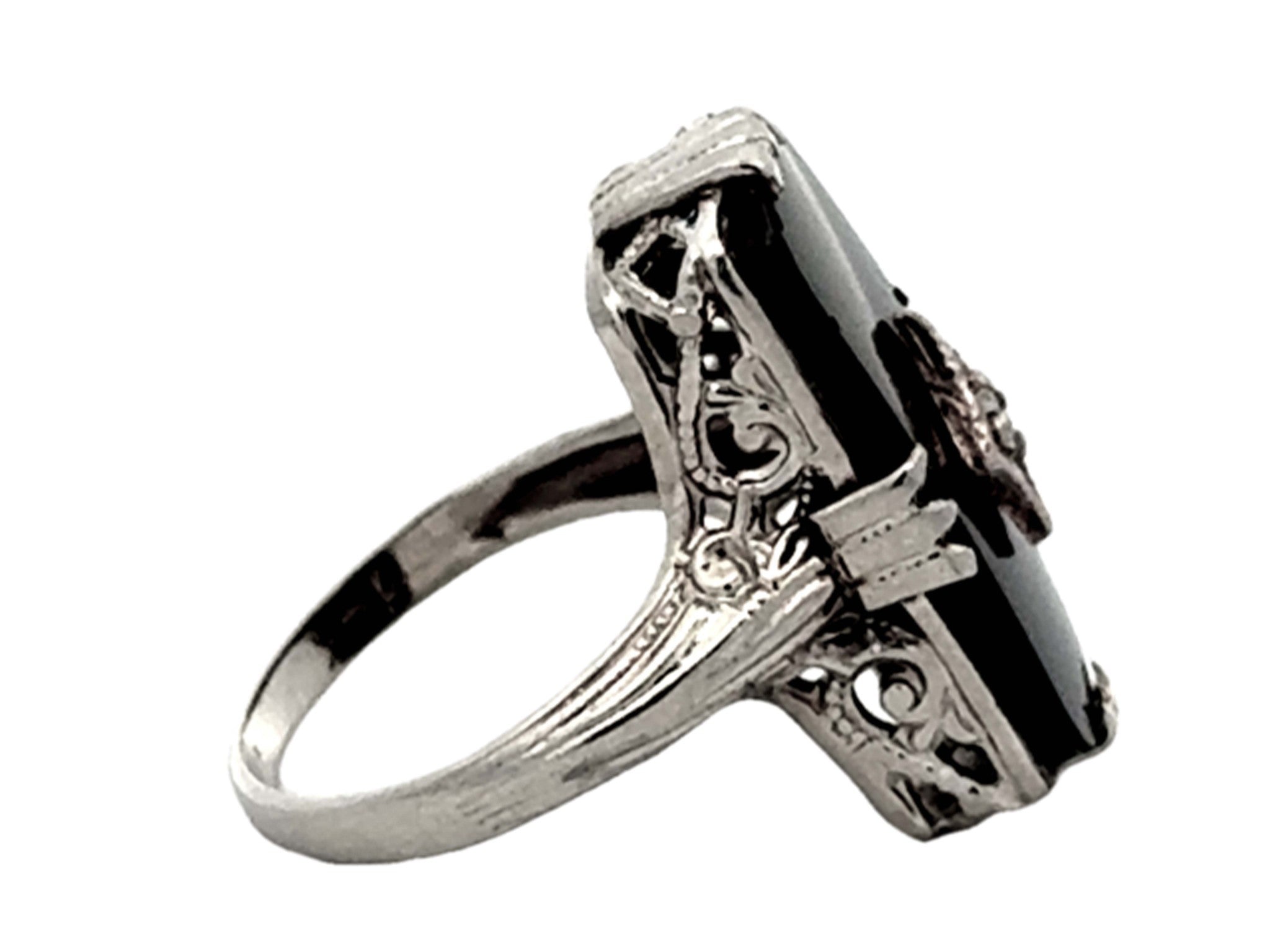 Black Onyx Rectangle Diamond Ring 14K White Gold