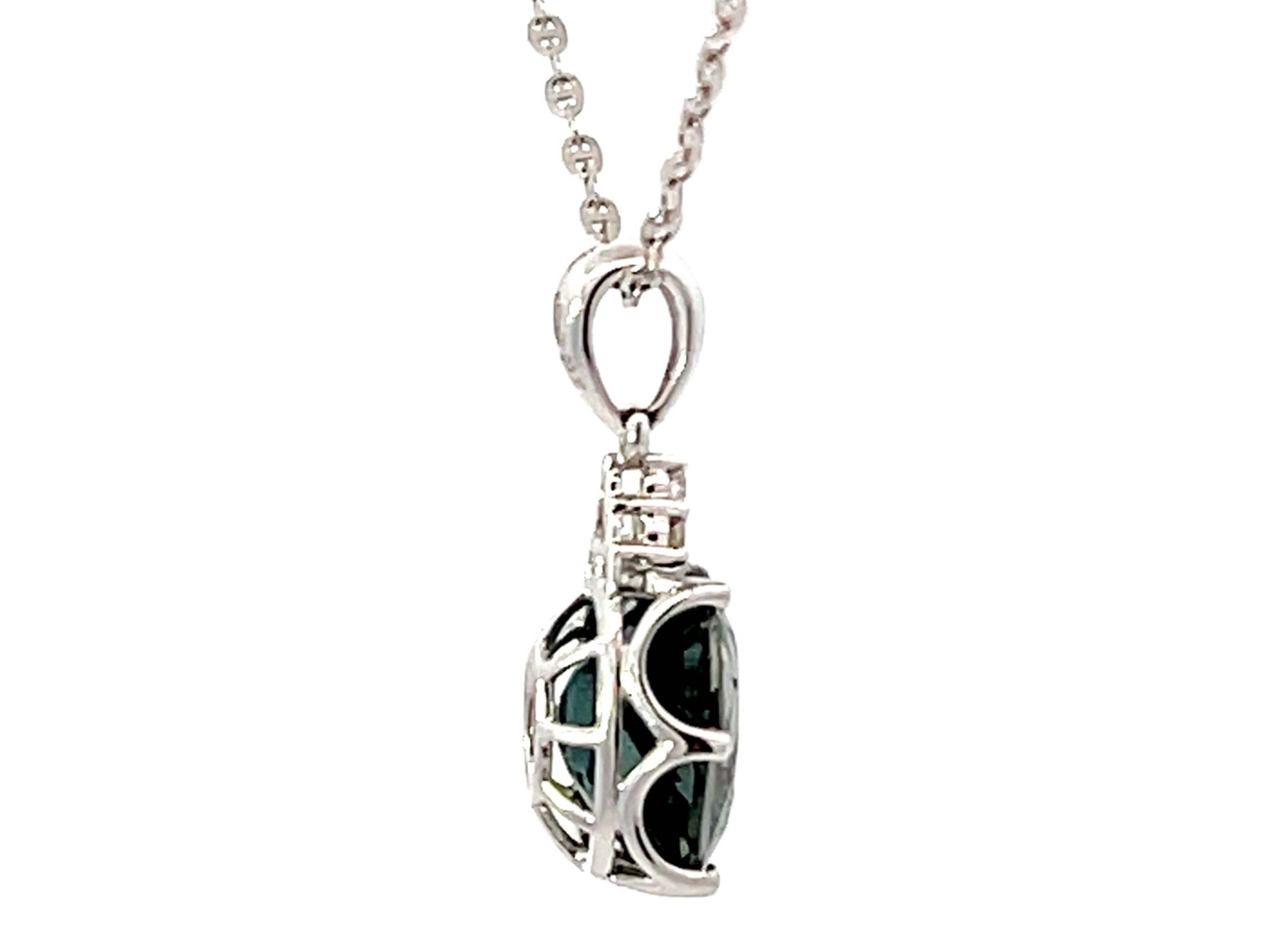 Blue Green Tourmaline Diamond Necklace Solid 18k White Gold