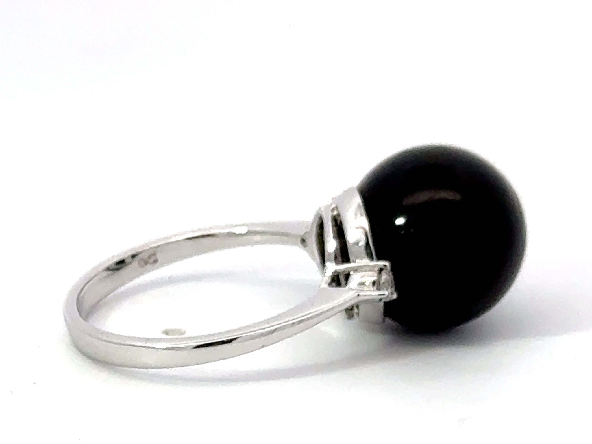 Black Onyx Sphere and Diamond Ring 14K White Gold