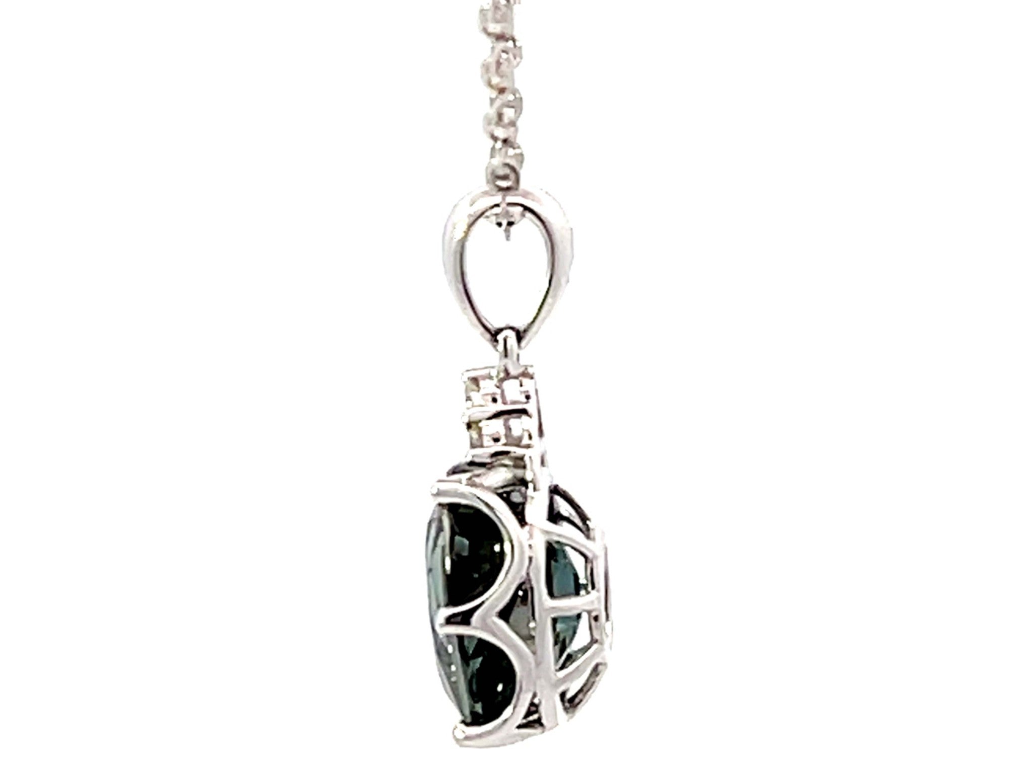 Blue Green Tourmaline Diamond Necklace Solid 18k White Gold