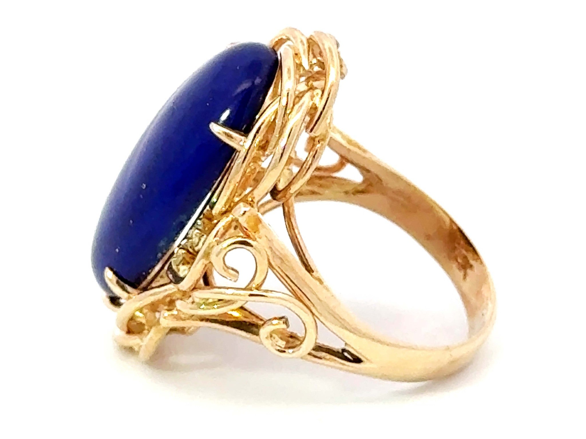 Large Lapis Lazuli Diamond Cocktail Ring 14k Yellow Gold