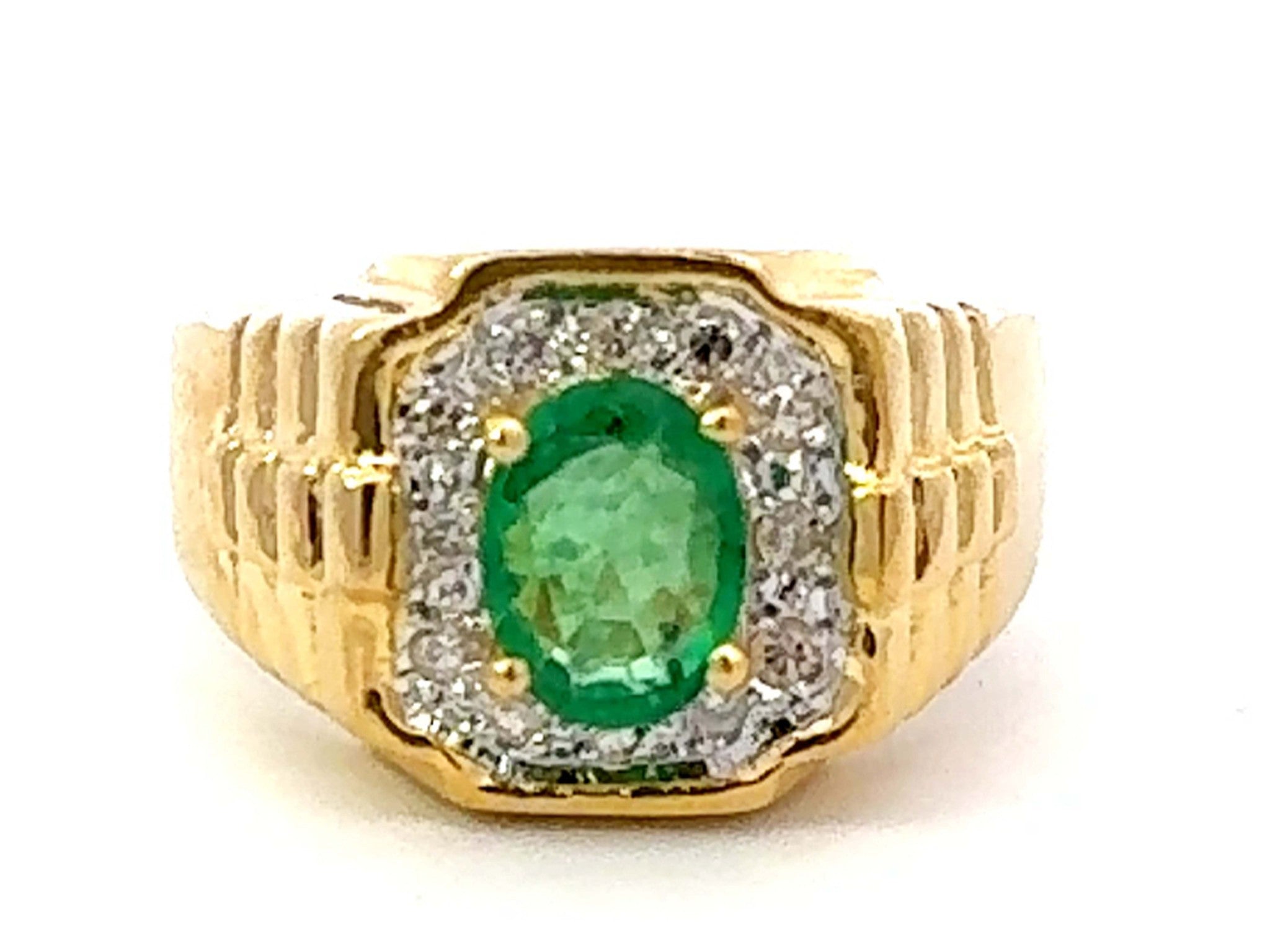 Oval Green Emerald and Diamond Halo Rolex Shoulders Ring 18k Yellow Gold