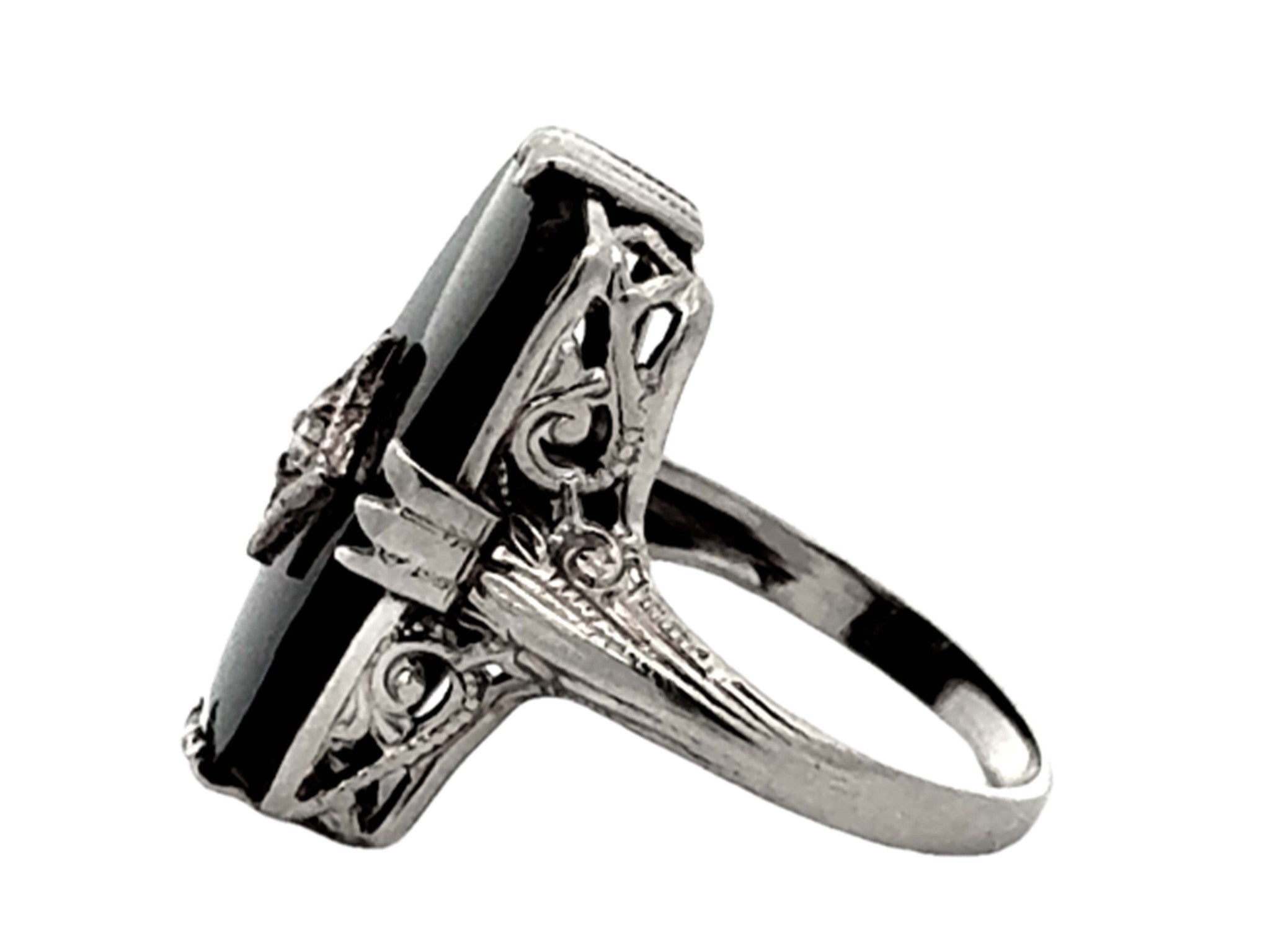 Black Onyx Rectangle Diamond Ring 14K White Gold