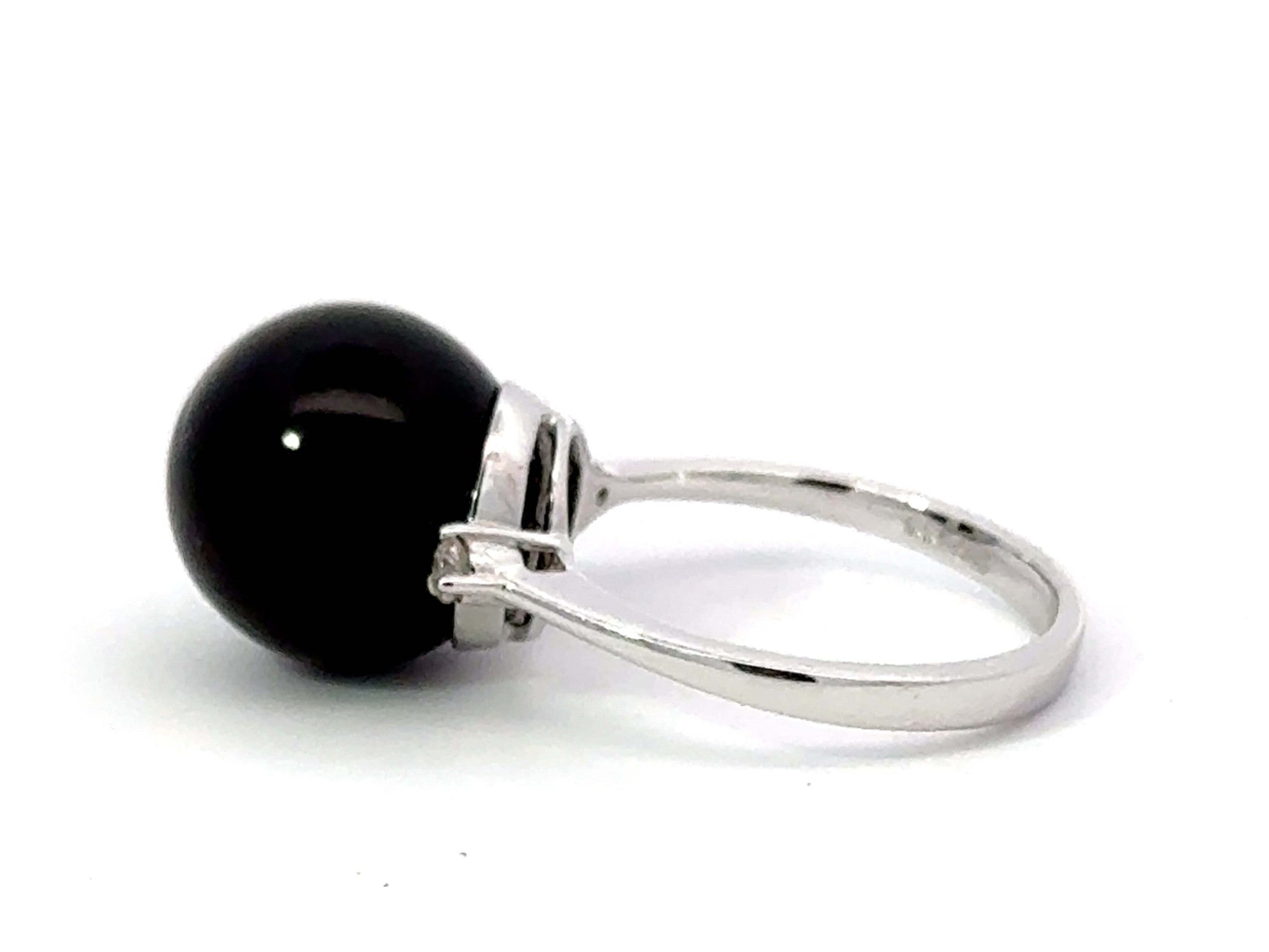 Black Onyx Sphere and Diamond Ring 14K White Gold