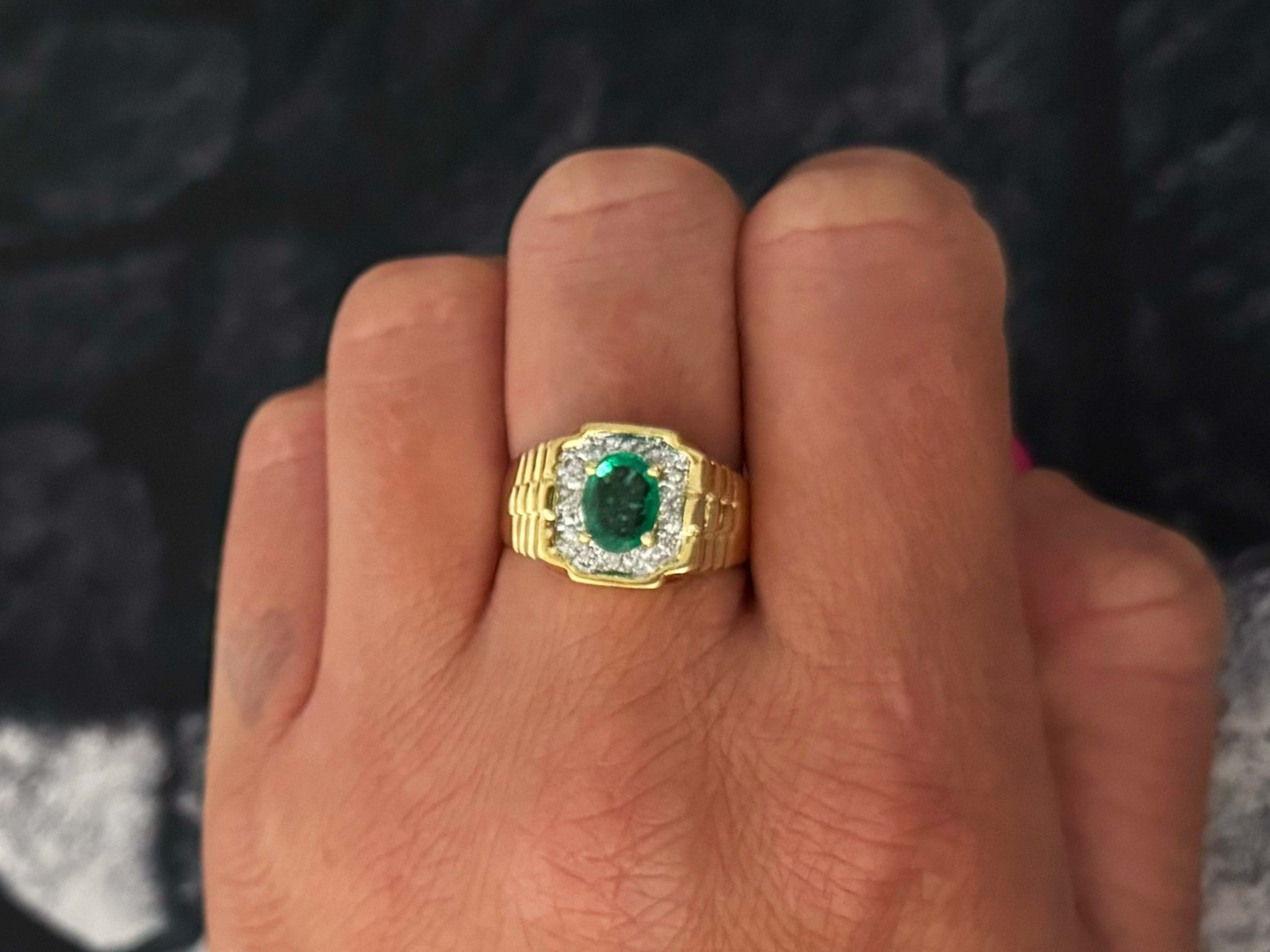 Oval Green Emerald and Diamond Halo Rolex Shoulders Ring 18k Yellow Gold