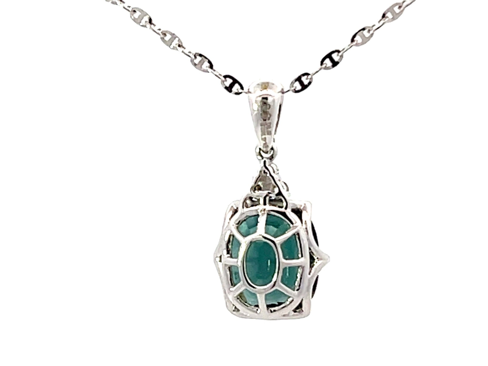 Blue Green Tourmaline Diamond Necklace Solid 18k White Gold