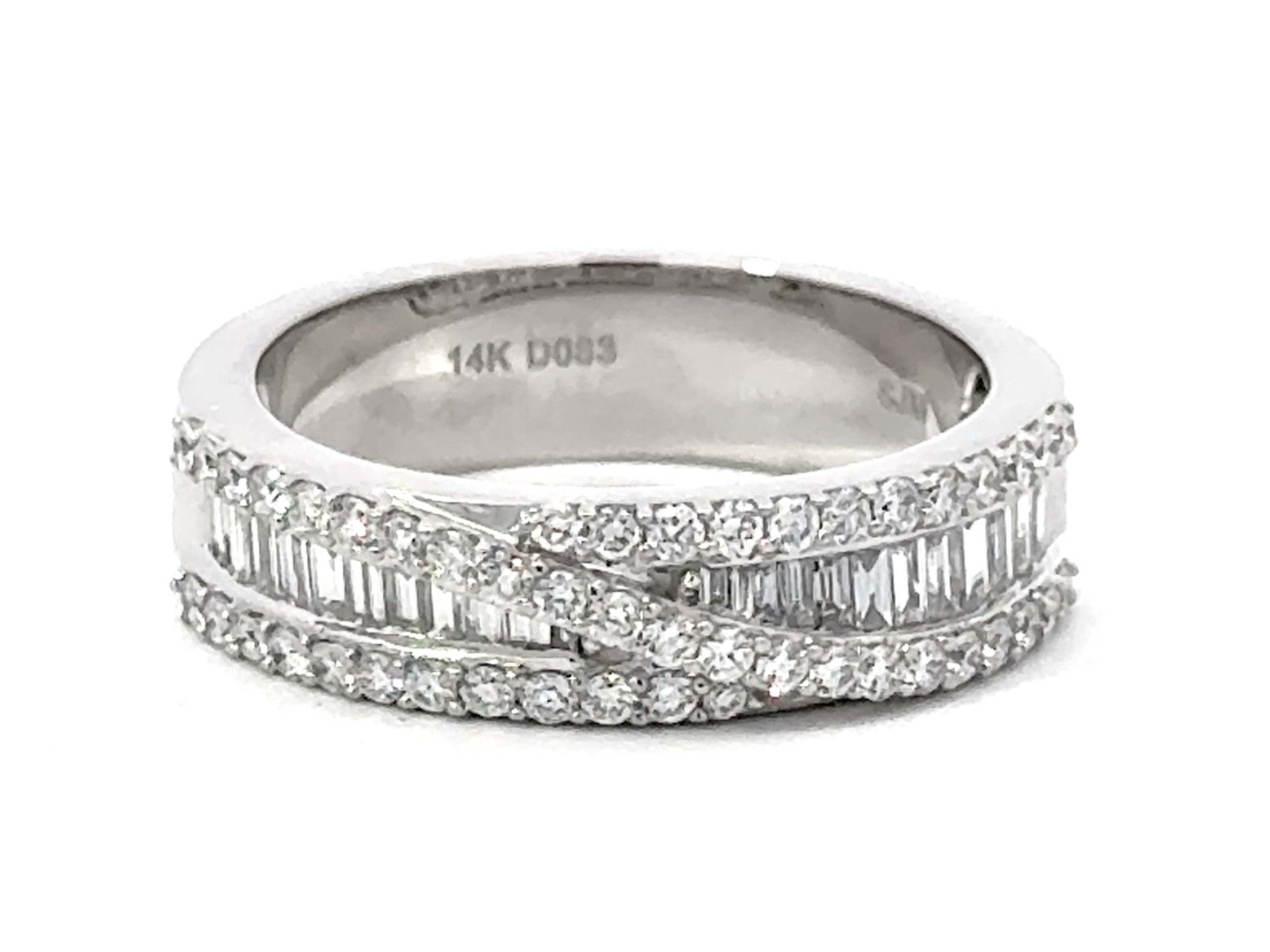 Brilliant Diamond Crossover and Baguette Diamond Band Ring 14k White Gold