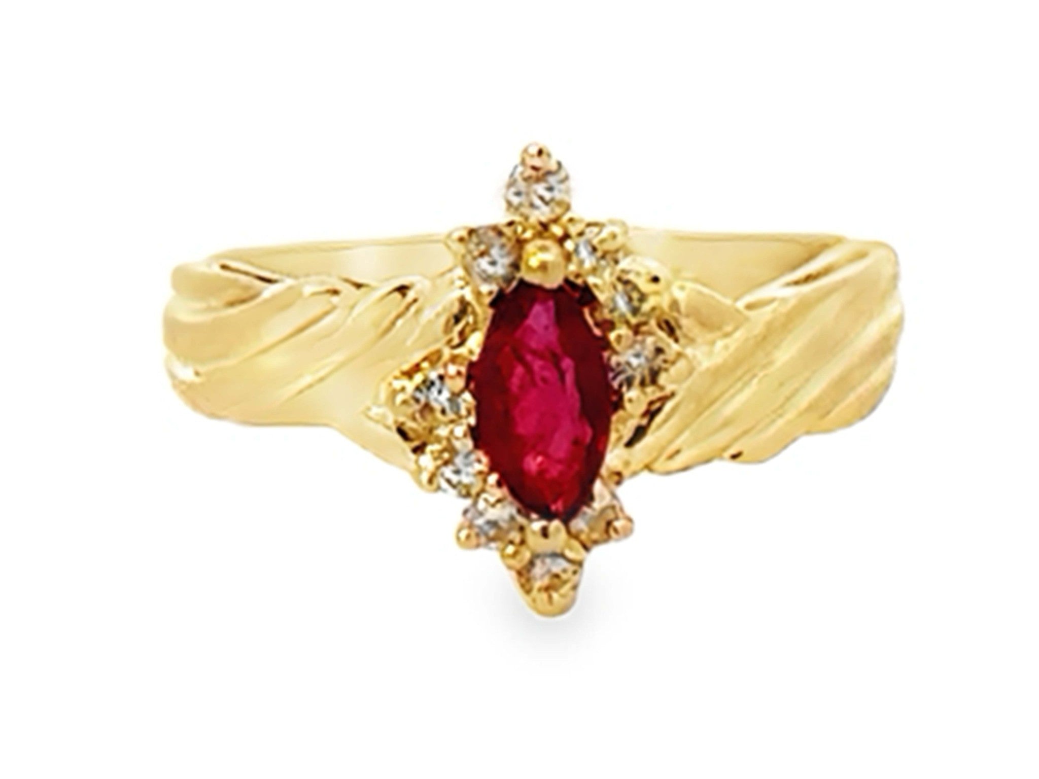 Marquise Red Ruby and Diamond Ring 14k Yellow Gold