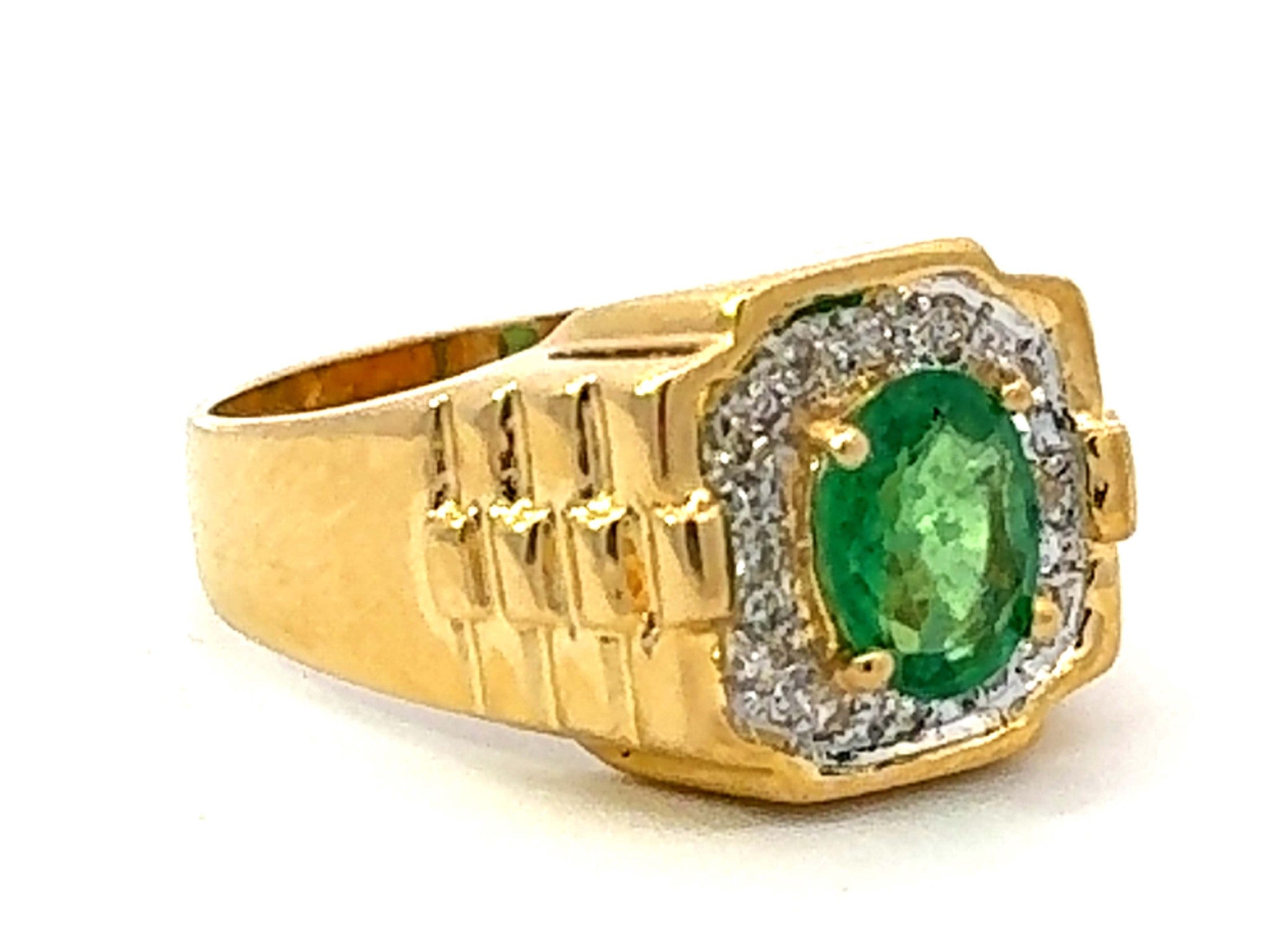 Oval Green Emerald and Diamond Halo Rolex Shoulders Ring 18k Yellow Gold