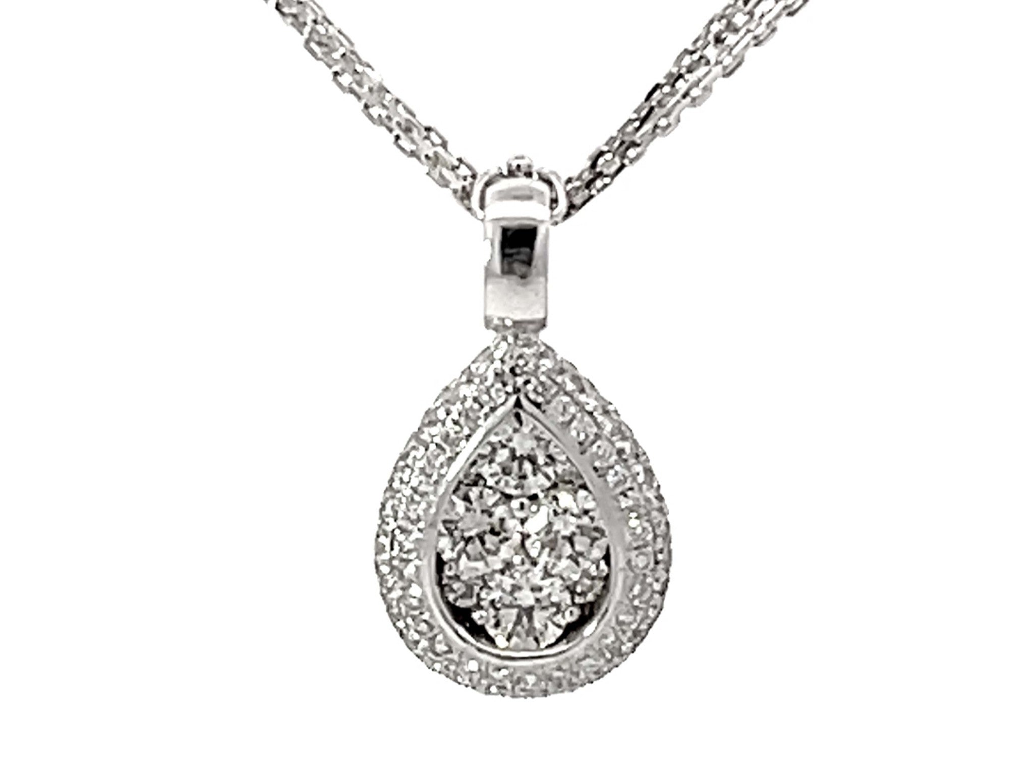 Pear Shaped Diamond Cluster Halo Pendant Triple Chain Necklace Solid White Gold