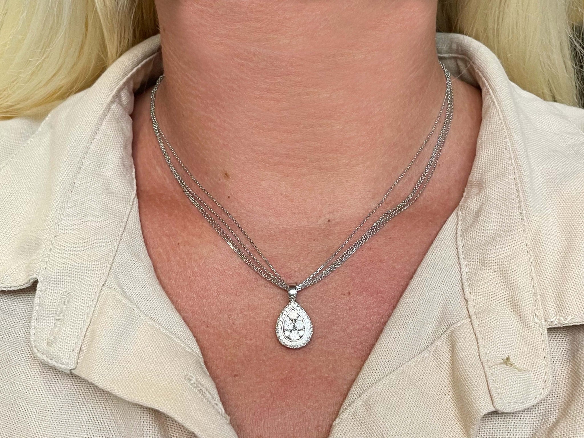 Pear Shaped Diamond Cluster Halo Pendant Triple Chain Necklace Solid White Gold