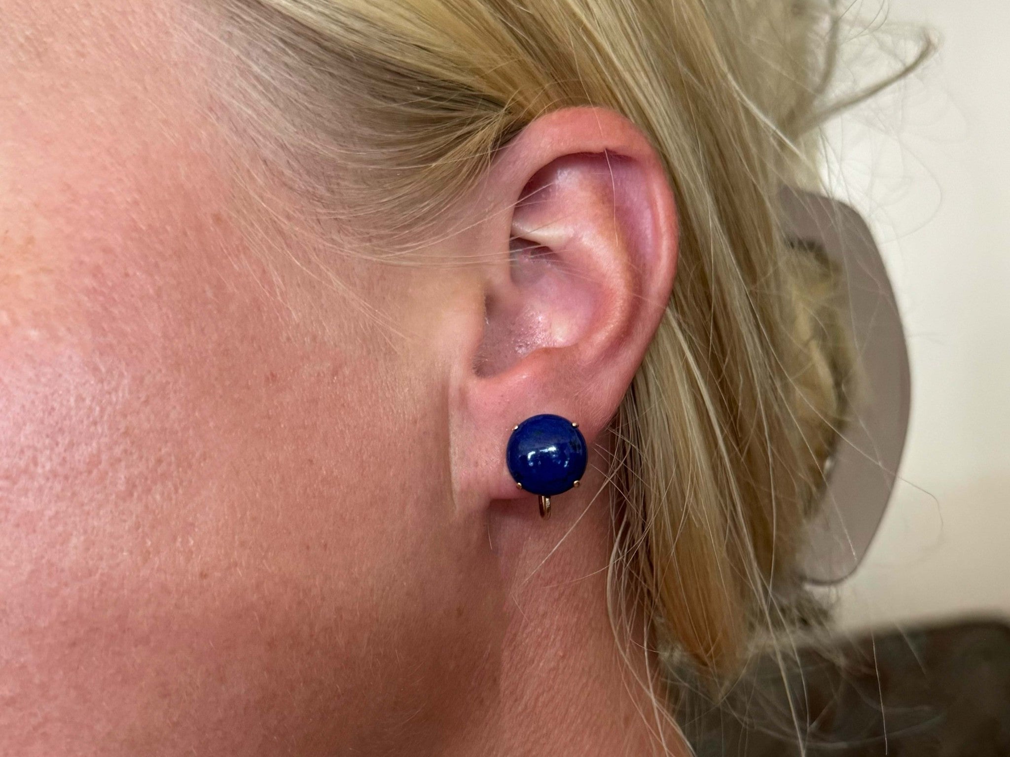 Round Cabochon Lapis Lazuli 14K Yellow Gold Earrings