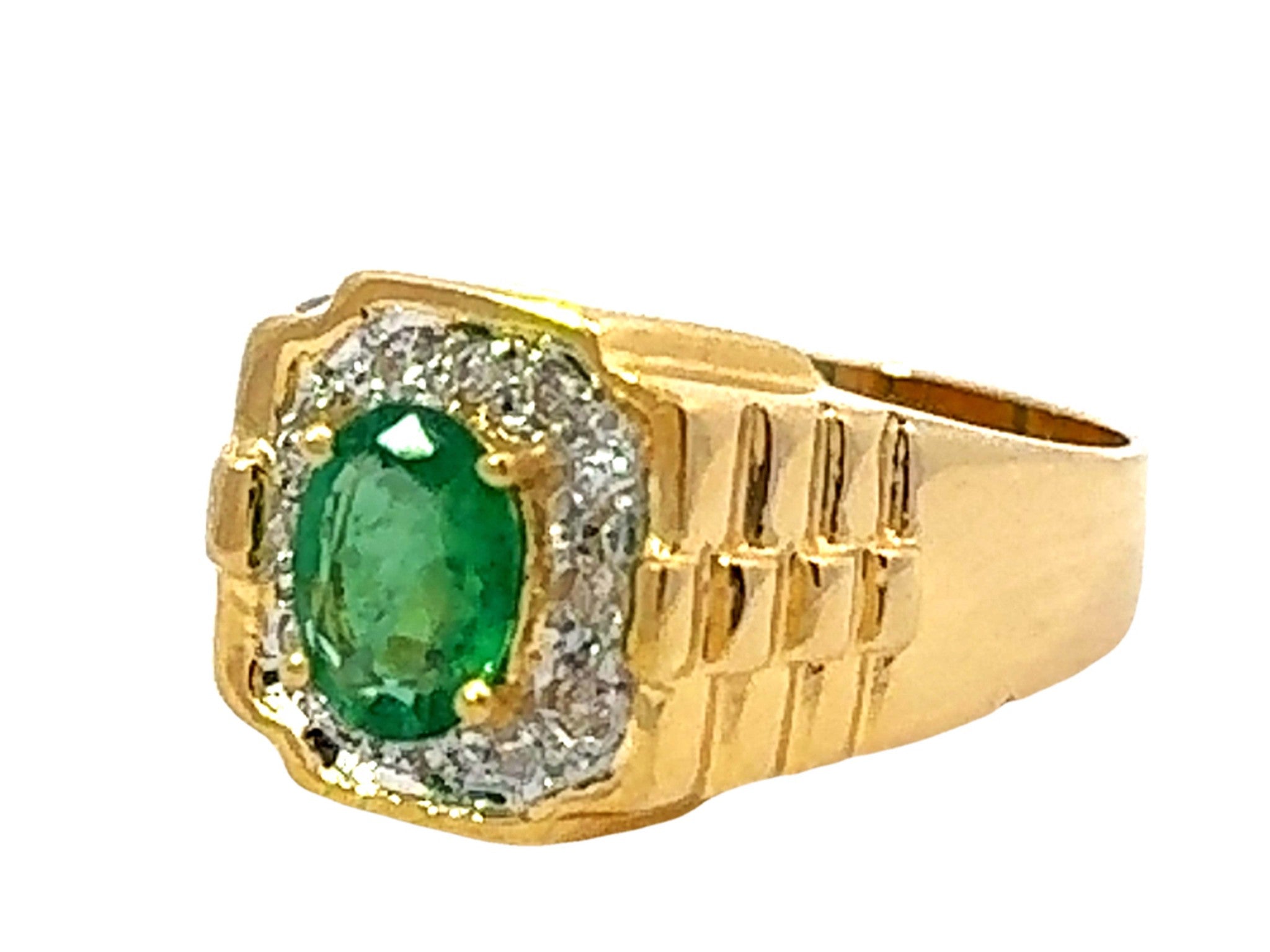 Oval Green Emerald and Diamond Halo Rolex Shoulders Ring 18k Yellow Gold