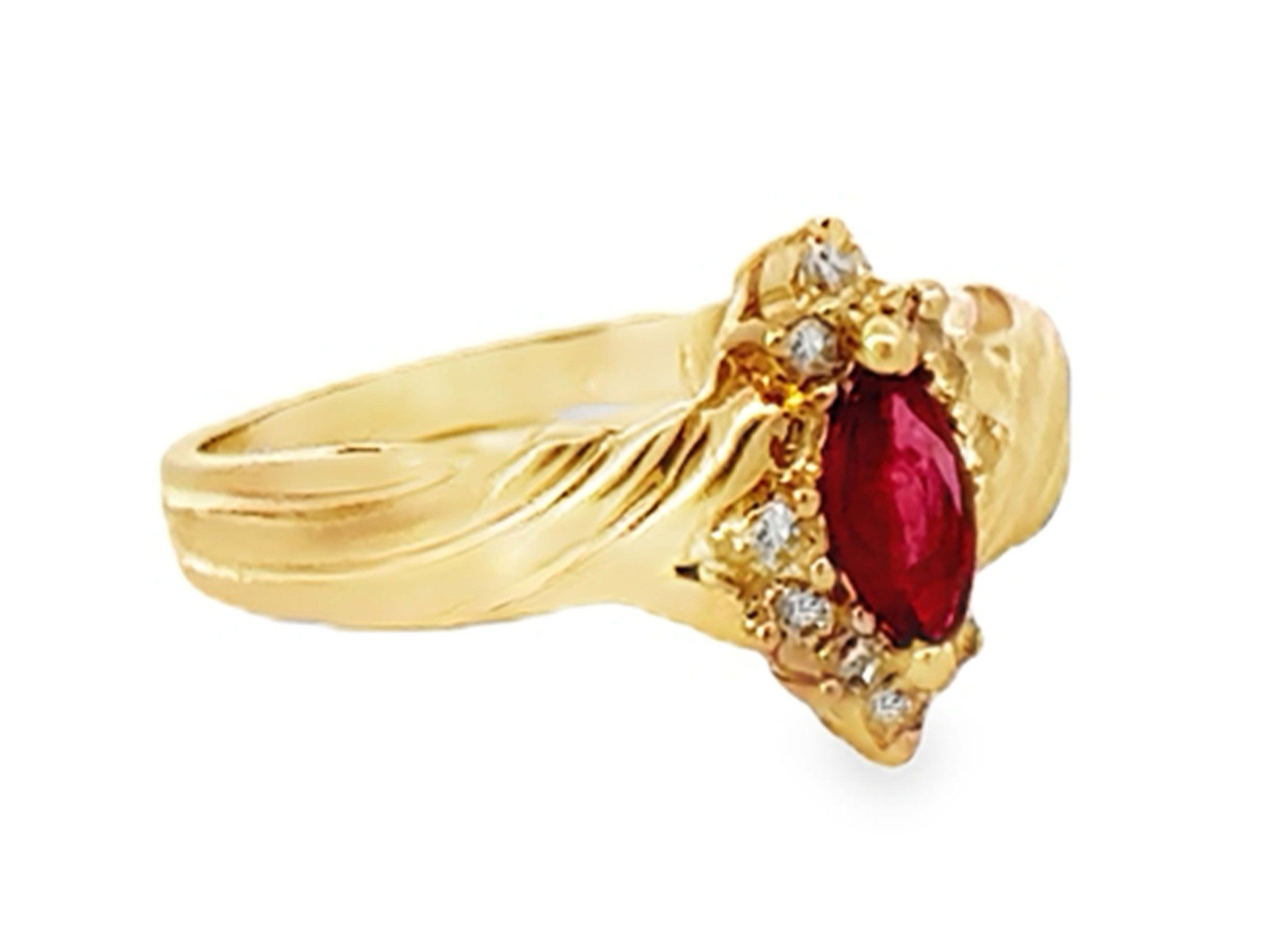 Marquise Red Ruby and Diamond Ring 14k Yellow Gold