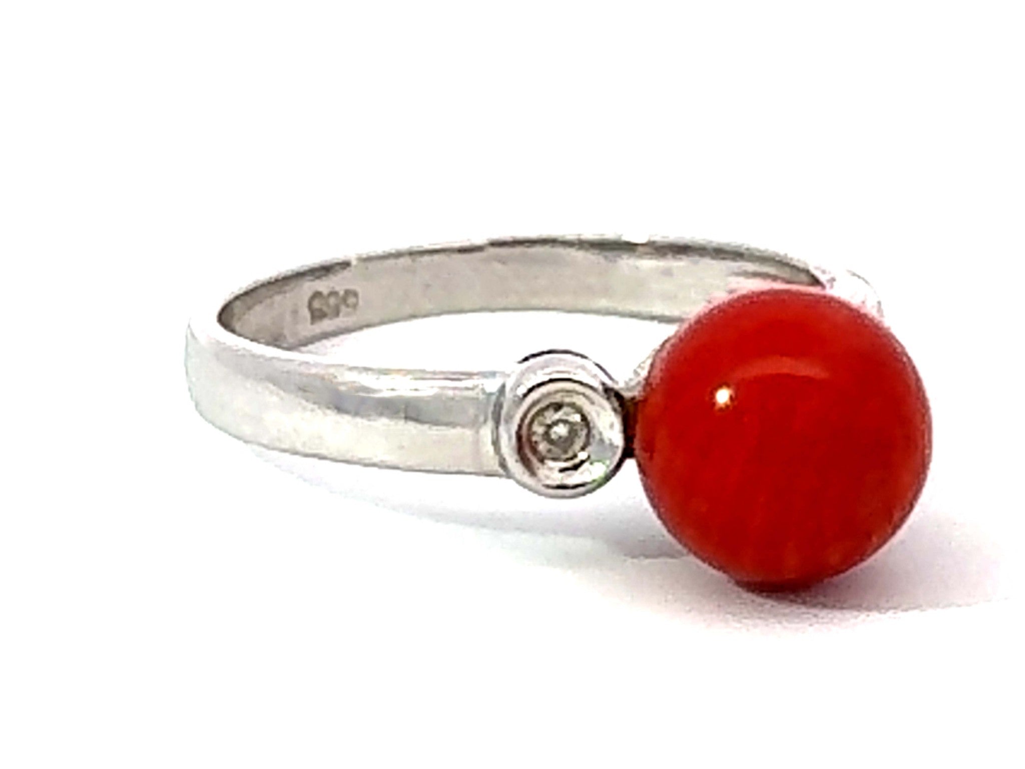 Red Aka Coral Sphere and Diamond Ring 14k White Gold