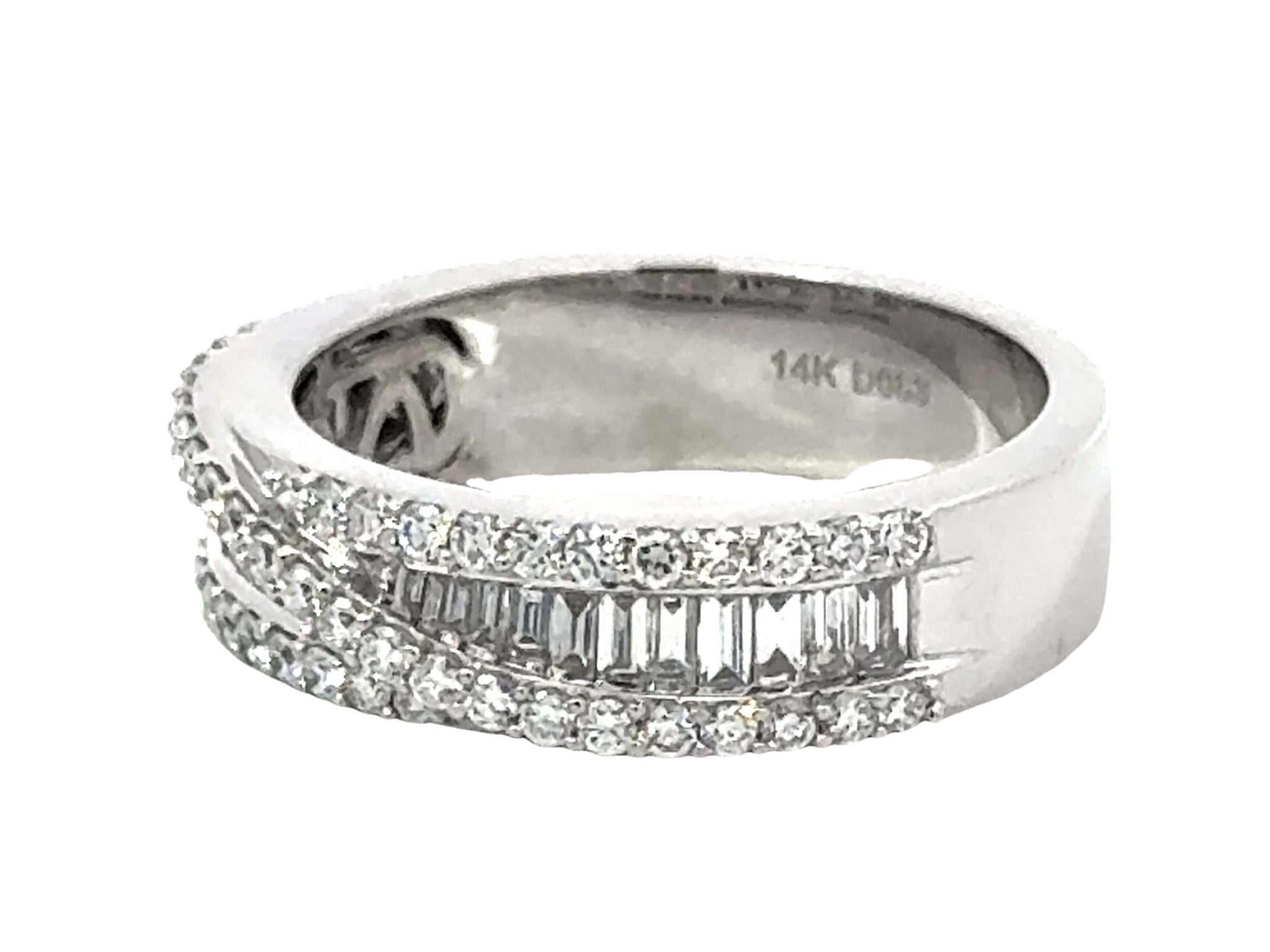 Brilliant Diamond Crossover and Baguette Diamond Band Ring 14k White Gold