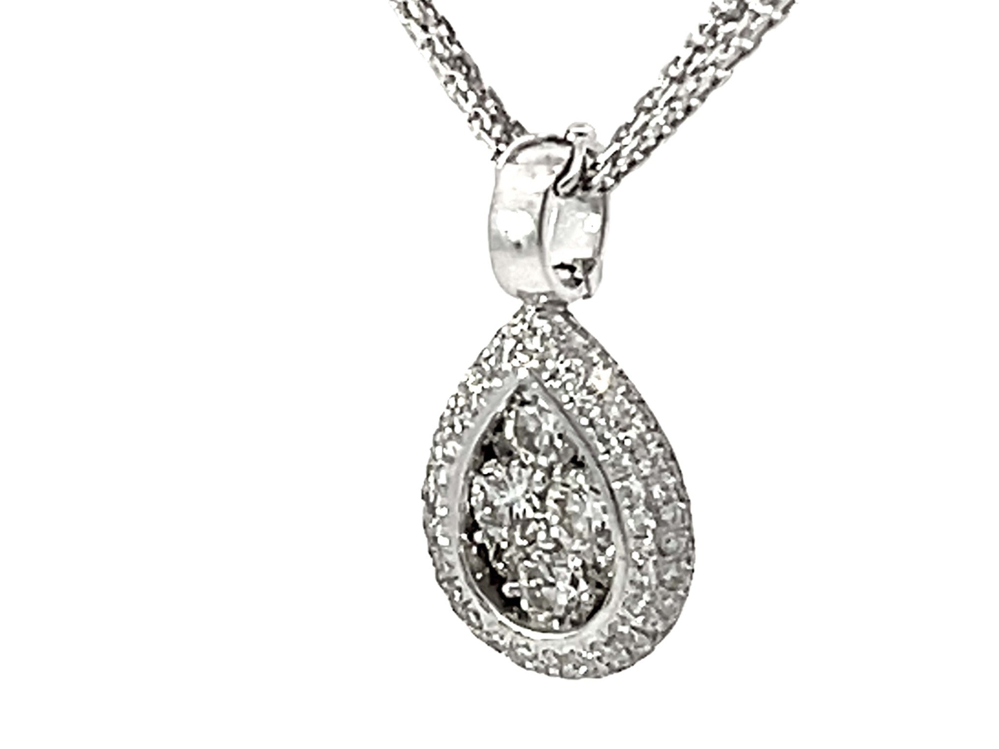 Pear Shaped Diamond Cluster Halo Pendant Triple Chain Necklace Solid White Gold