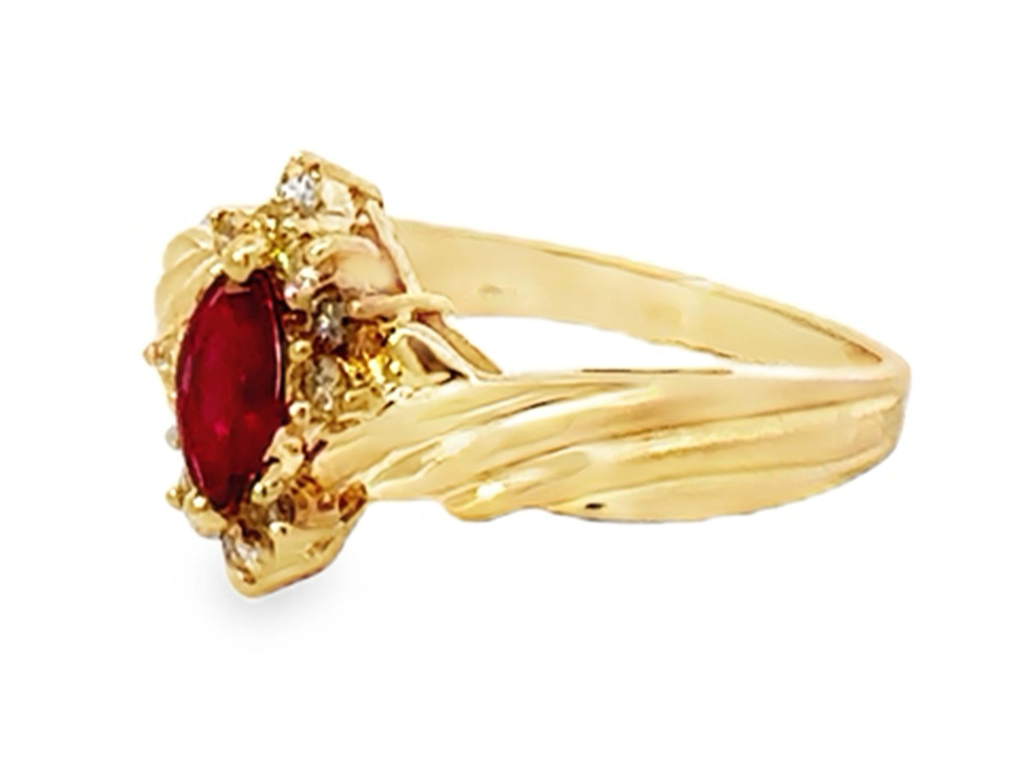 Marquise Red Ruby and Diamond Ring 14k Yellow Gold