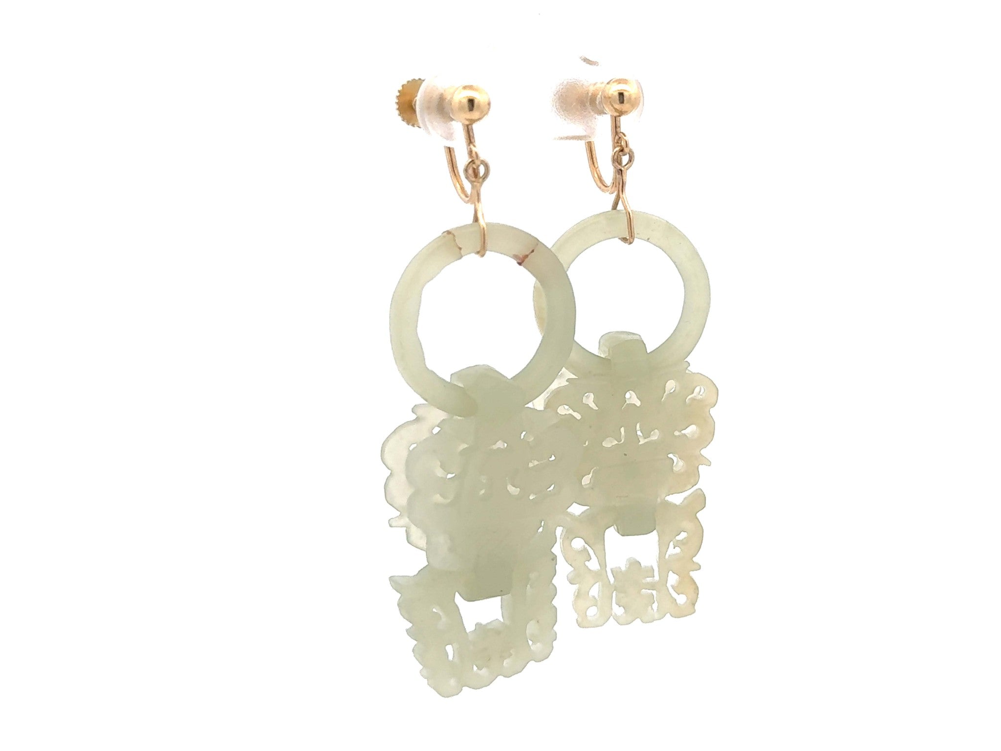 Devils Work White Jade Dangly Earrings 14k Yellow Gold