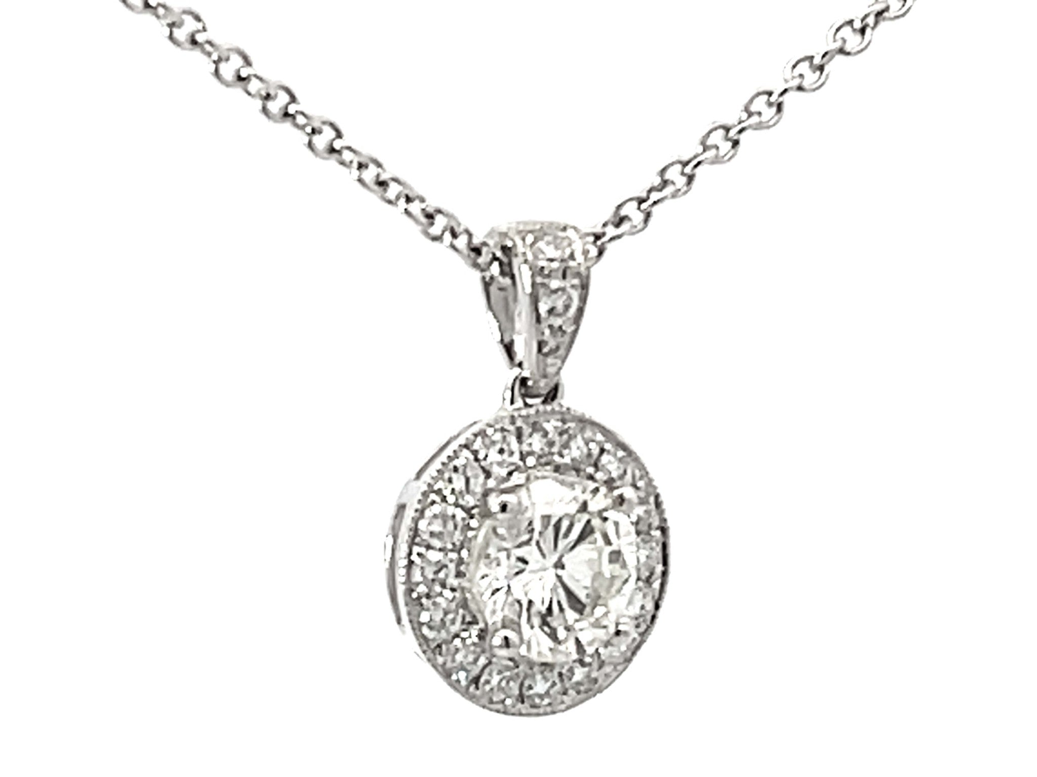 1.15 Carat Center Diamond Halo Pendant Necklace Solid White Gold