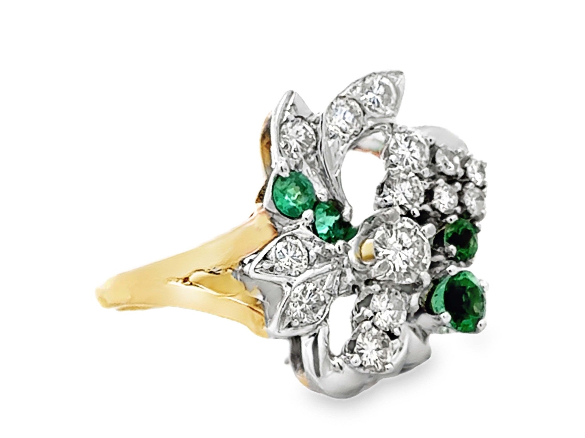 Diamond and Emerald Cluster Cocktail Ring 18k White and Yellow Gold