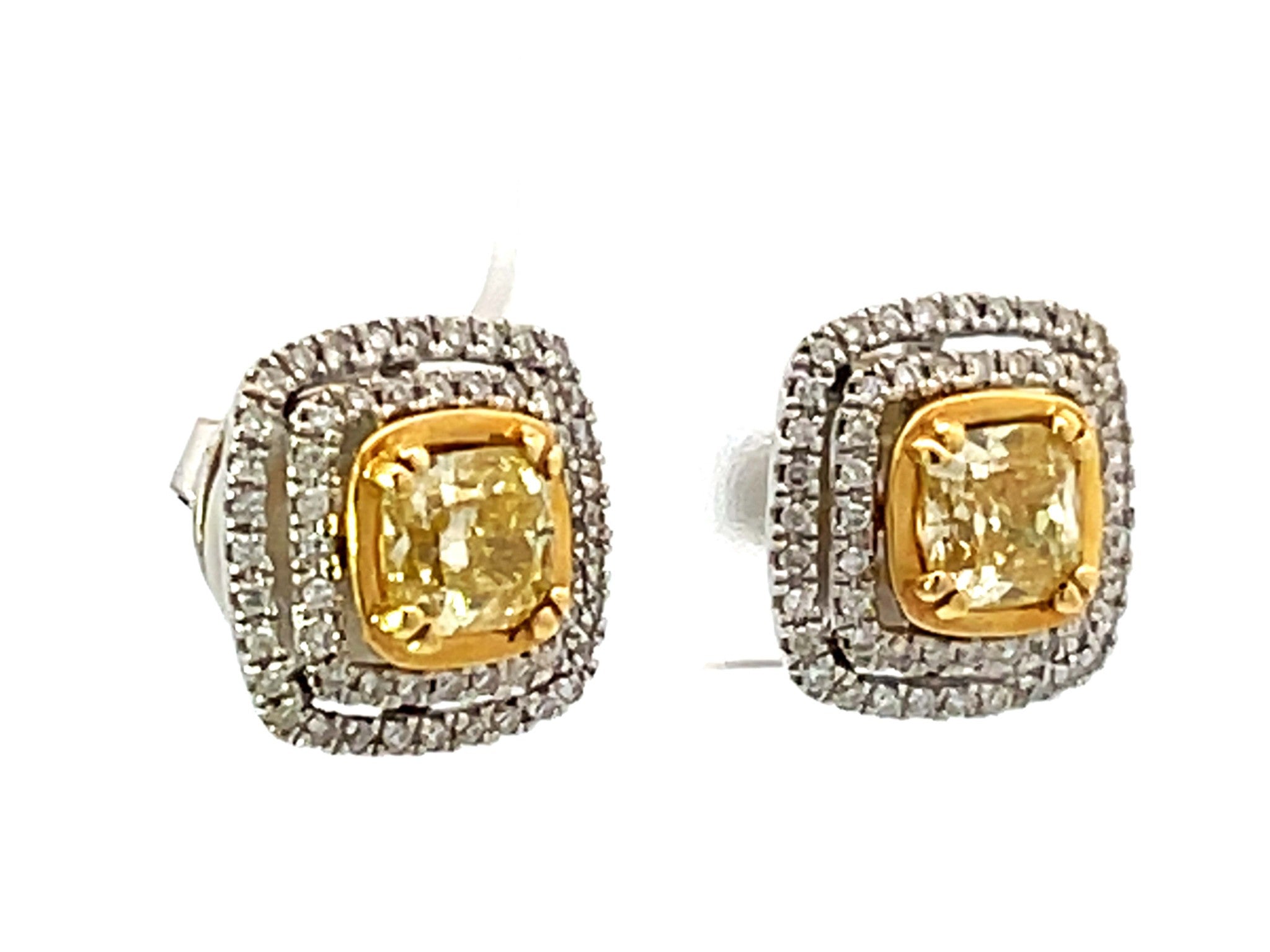 Fancy Yellow Cushion Cut Diamond Earrings with Double Diamond Halo 18k Gold