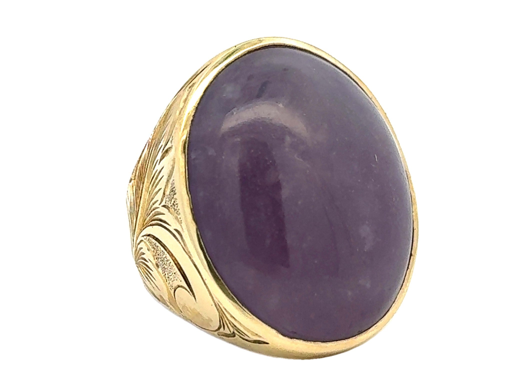 90 Carat Mens Purple Jade Cabochon Ring 14k Yellow Gold