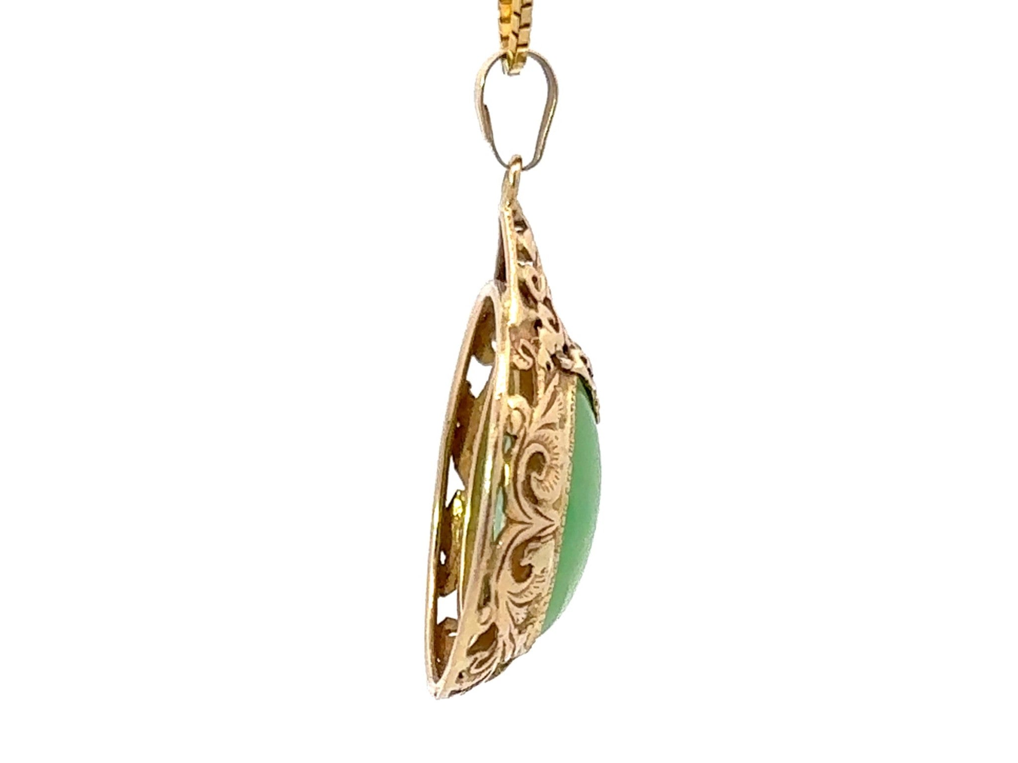 Ming's Hawaii Oval Green Jade Cabochon Pear Shaped Necklace 14k Yellow Gold
