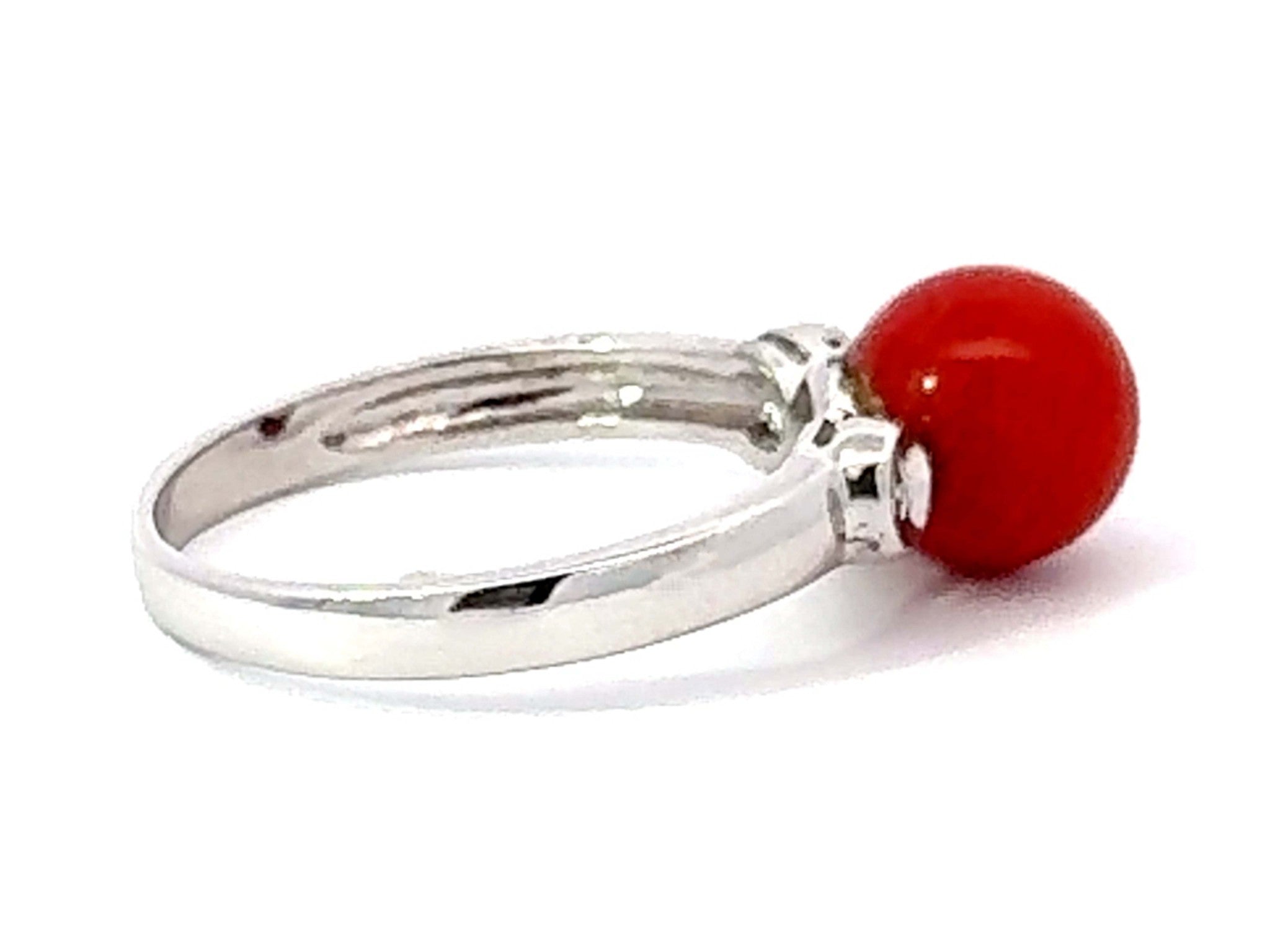 Red Aka Coral Sphere and Diamond Ring 14k White Gold