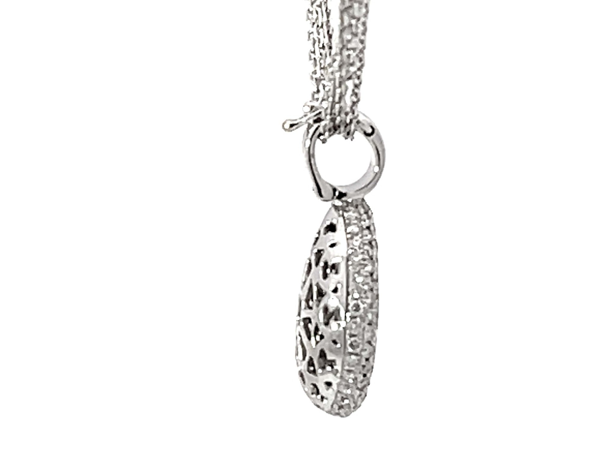 Pear Shaped Diamond Cluster Halo Pendant Triple Chain Necklace Solid White Gold