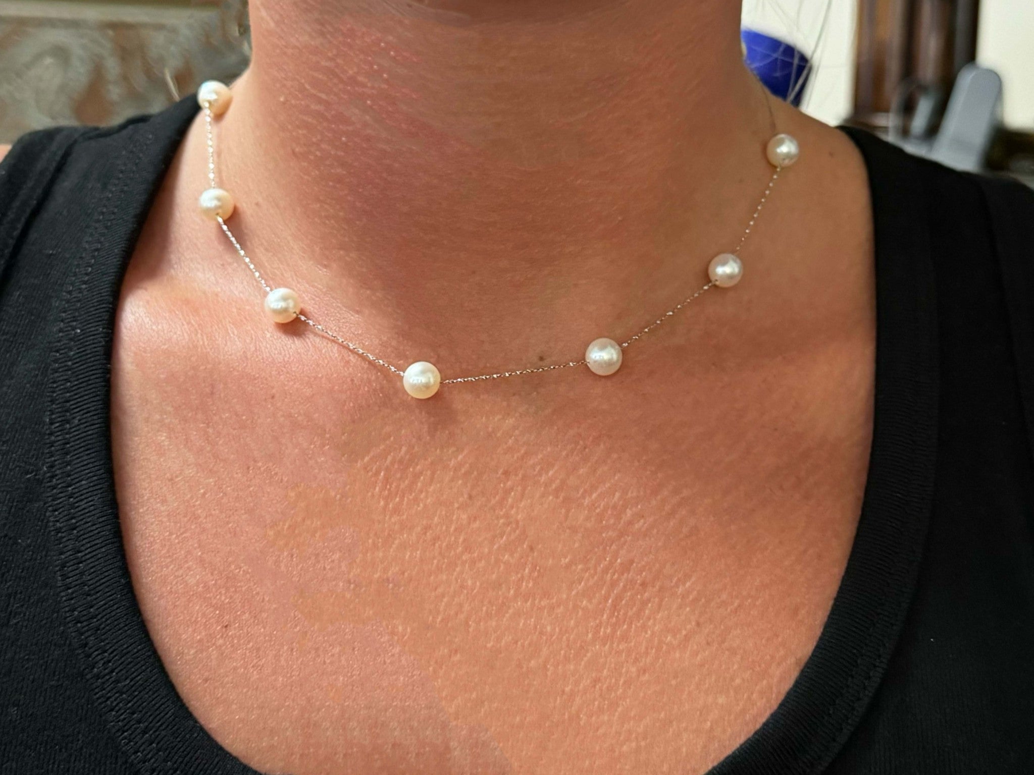 18K White Gold 10 Pearl Chain Necklace