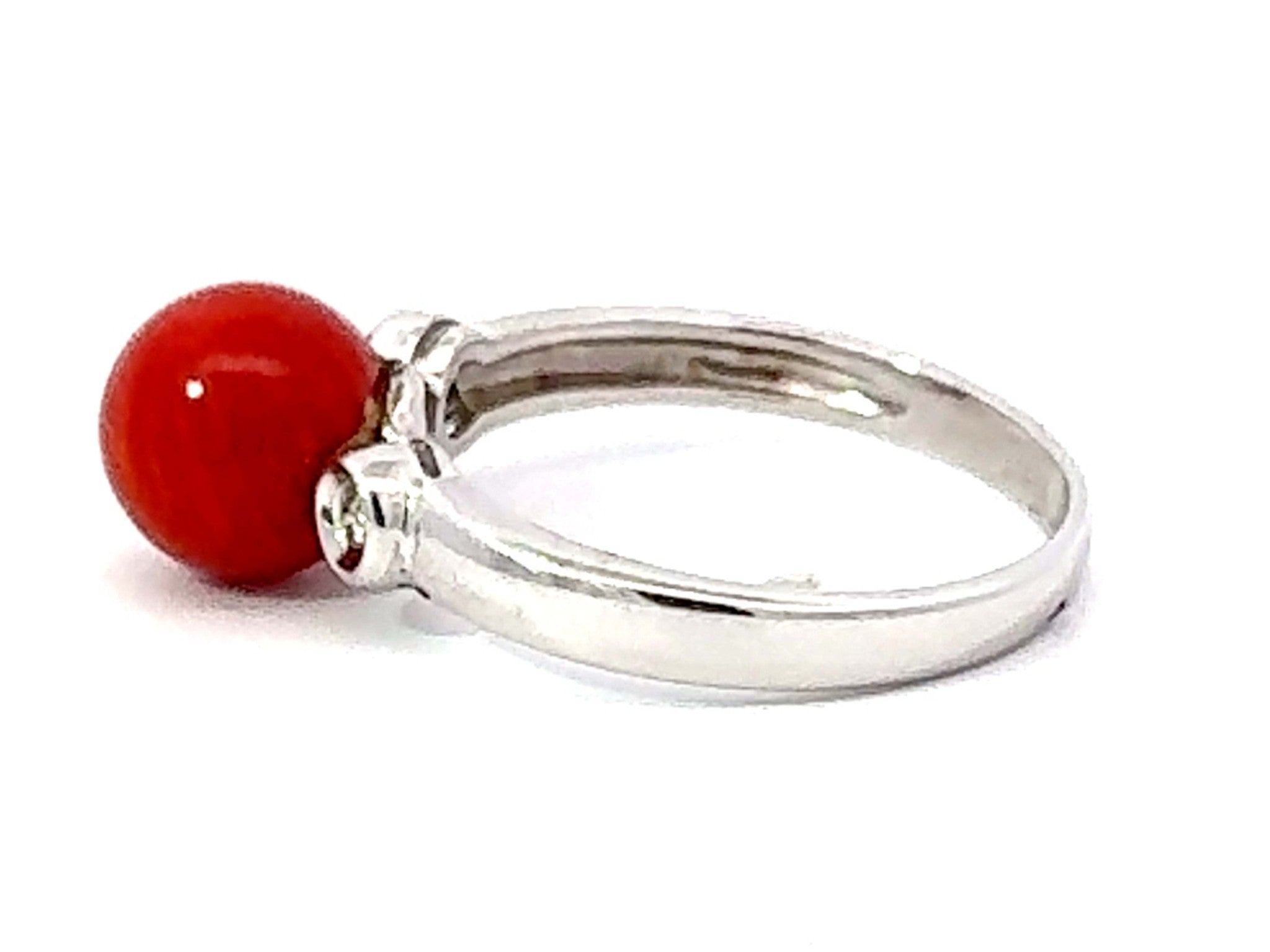 Red Aka Coral Sphere and Diamond Ring 14k White Gold