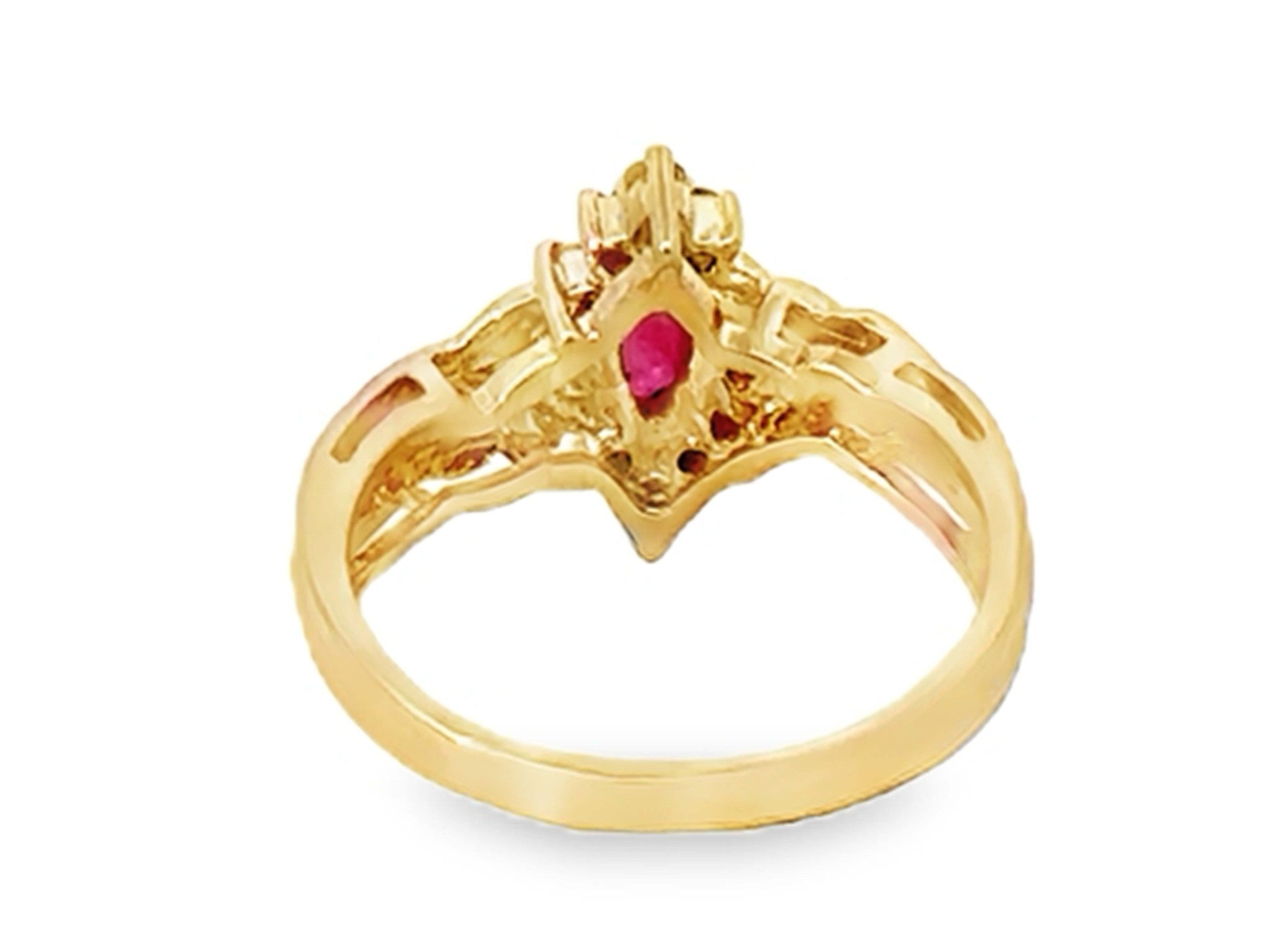 Marquise Red Ruby and Diamond Ring 14k Yellow Gold