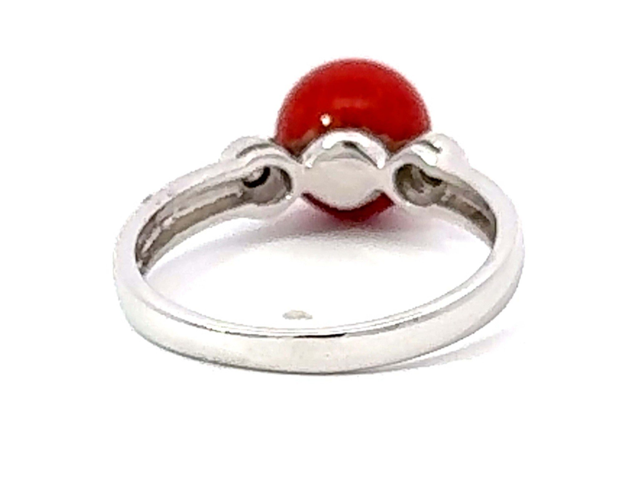 Red Aka Coral Sphere and Diamond Ring 14k White Gold