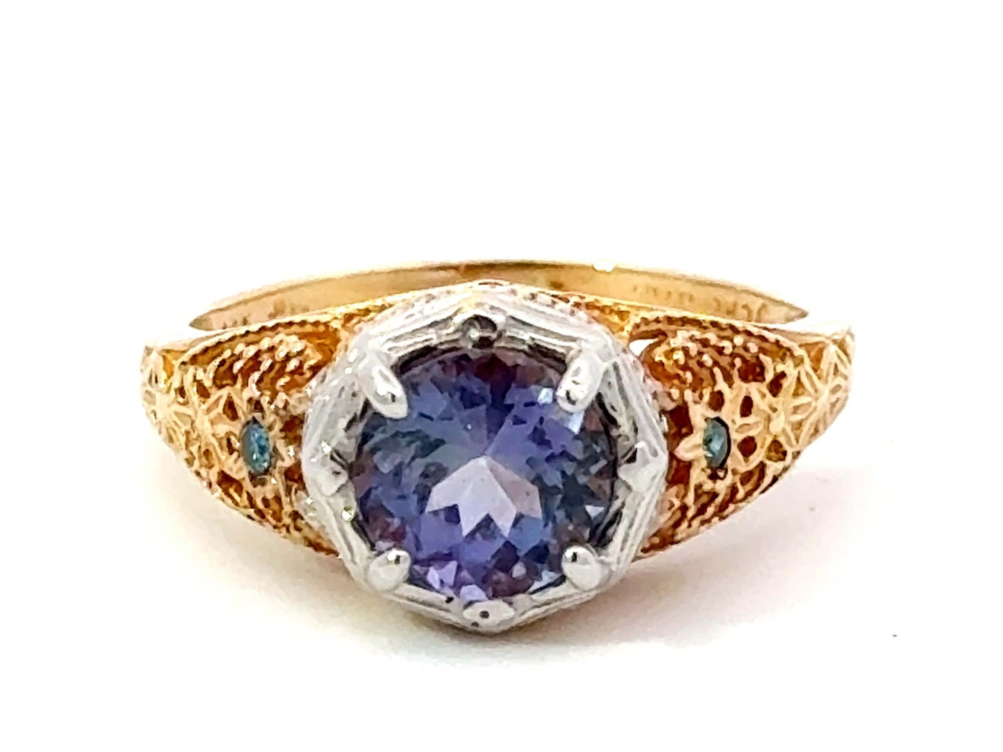 Blue Purple Round Tanzanite Filigree Ring 14k White and Yellow Gold