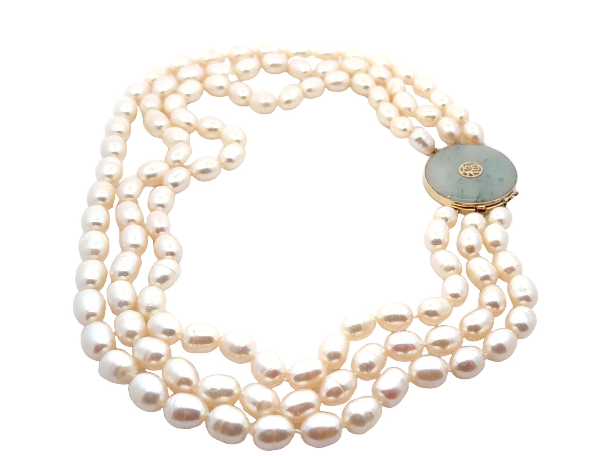 Triple Stranded Pearl Beaded Necklace Jade Clasp 14K Yellow Gold