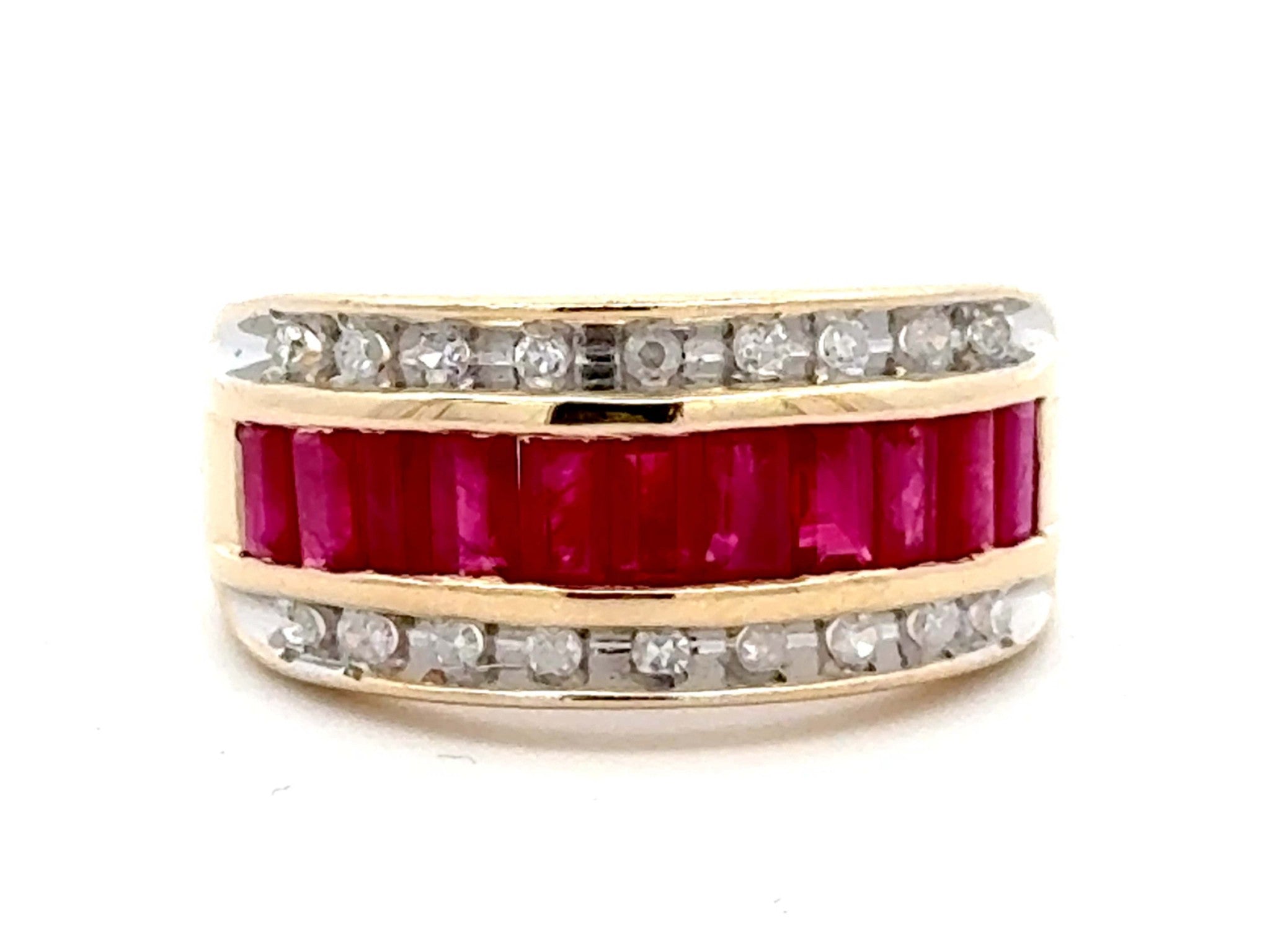 Baguette Ruby Center and Double Diamond Row Ring 14k Yellow Gold