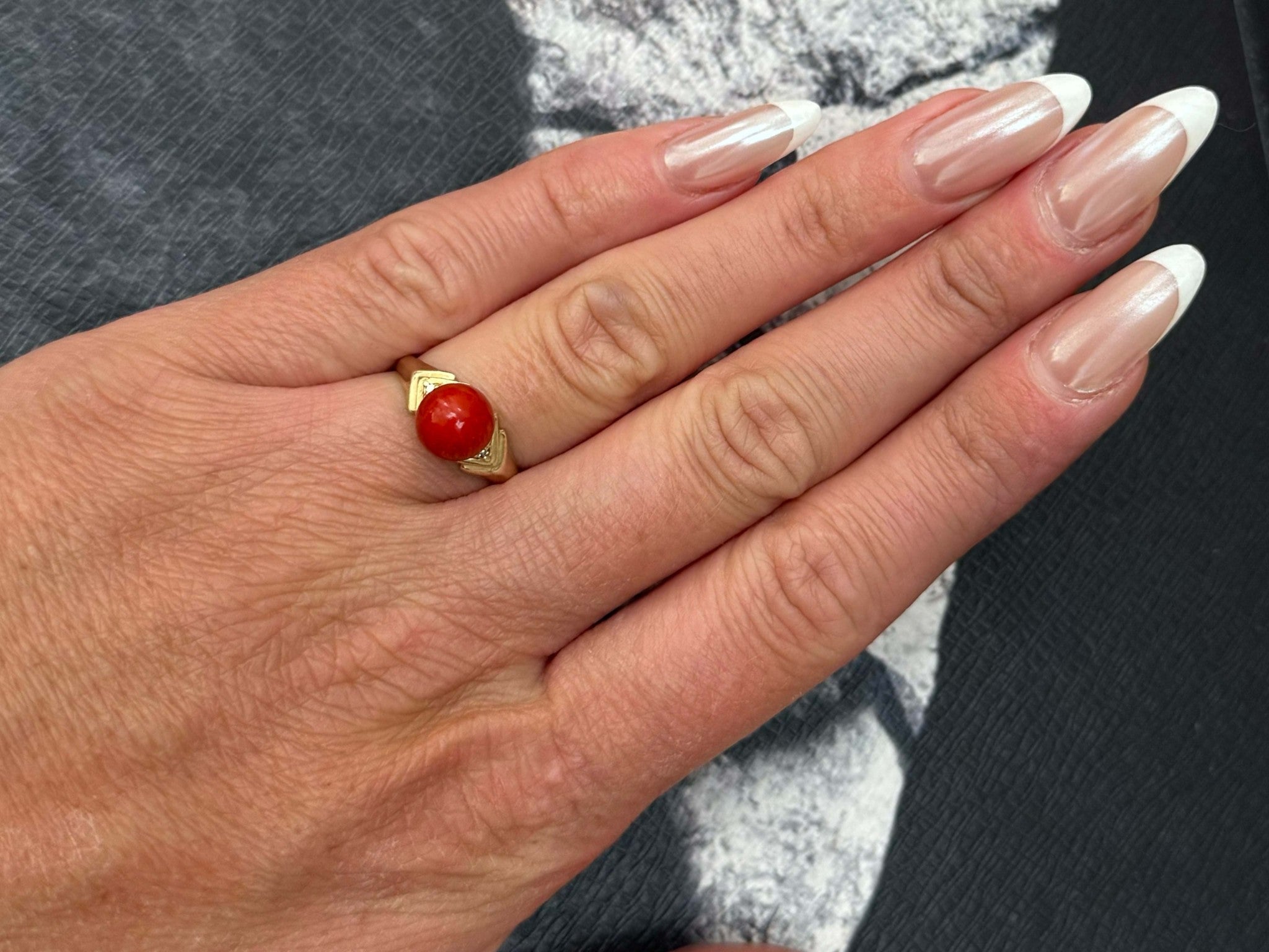 Red Aka Coral Sphere and Diamond Ring 14k Yellow Gold