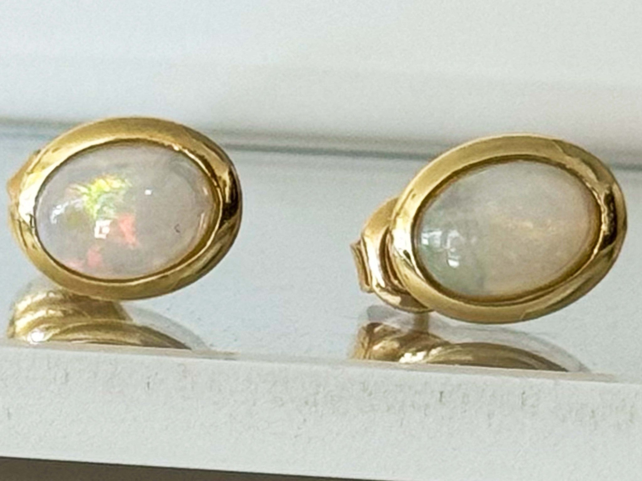 Oval Opal Earrings Solid 14K Yellow Gold