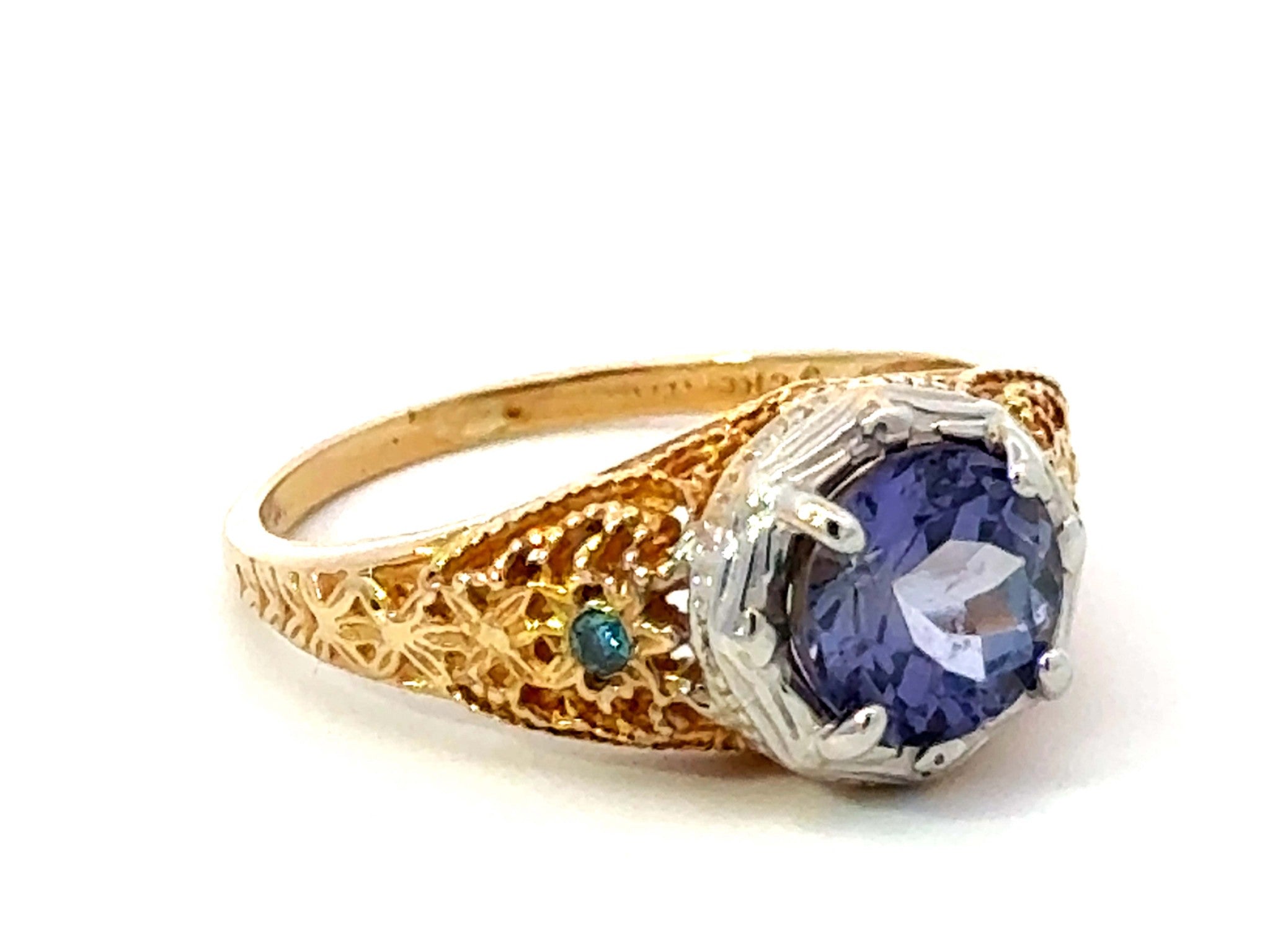 Blue Purple Round Tanzanite Filigree Ring 14k White and Yellow Gold