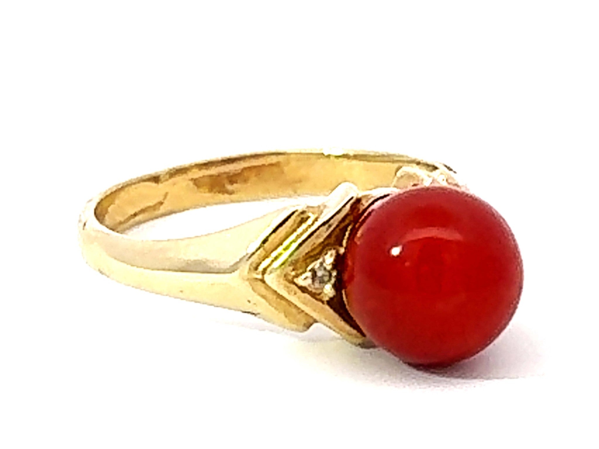 Red Aka Coral Sphere and Diamond Ring 14k Yellow Gold