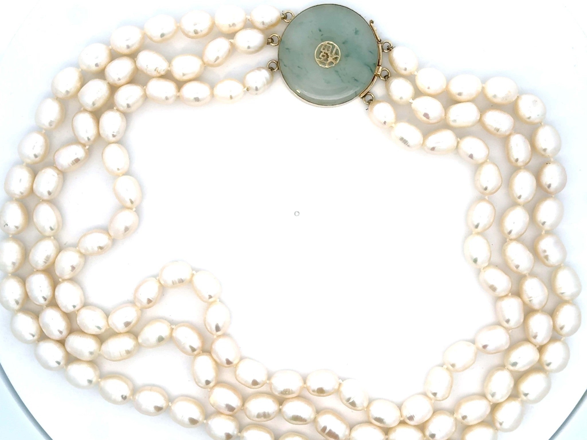 Triple Stranded Pearl Beaded Necklace Jade Clasp 14K Yellow Gold