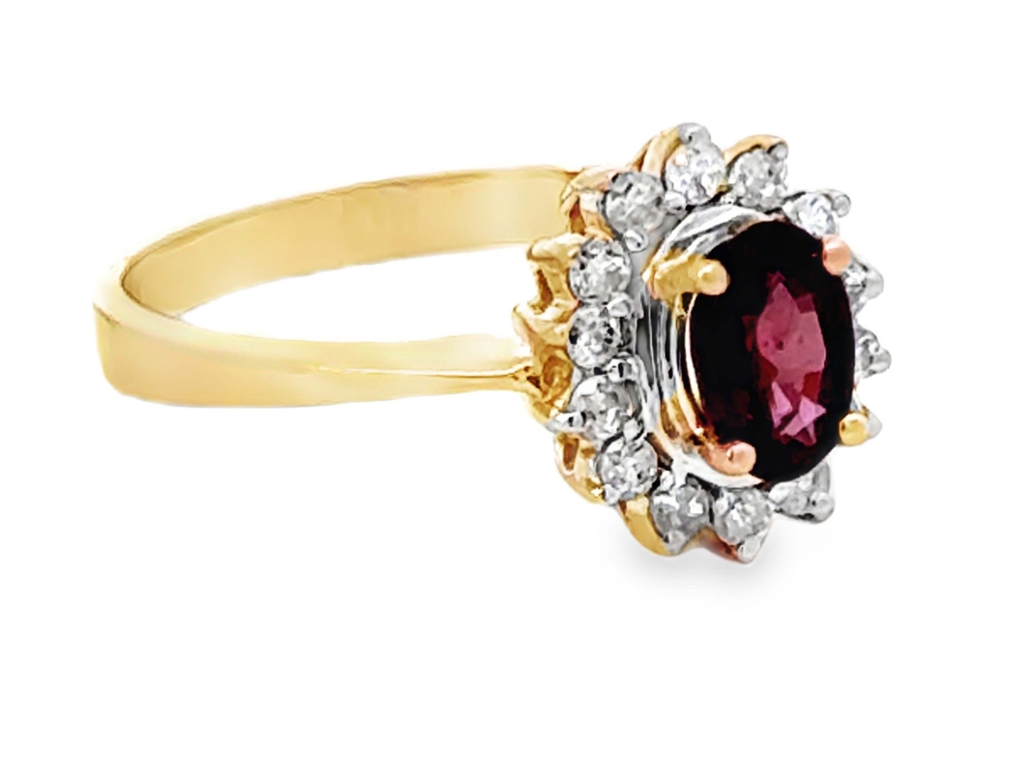 Oval Red Ruby and Diamond Halo Ring 14k Yellow Gold