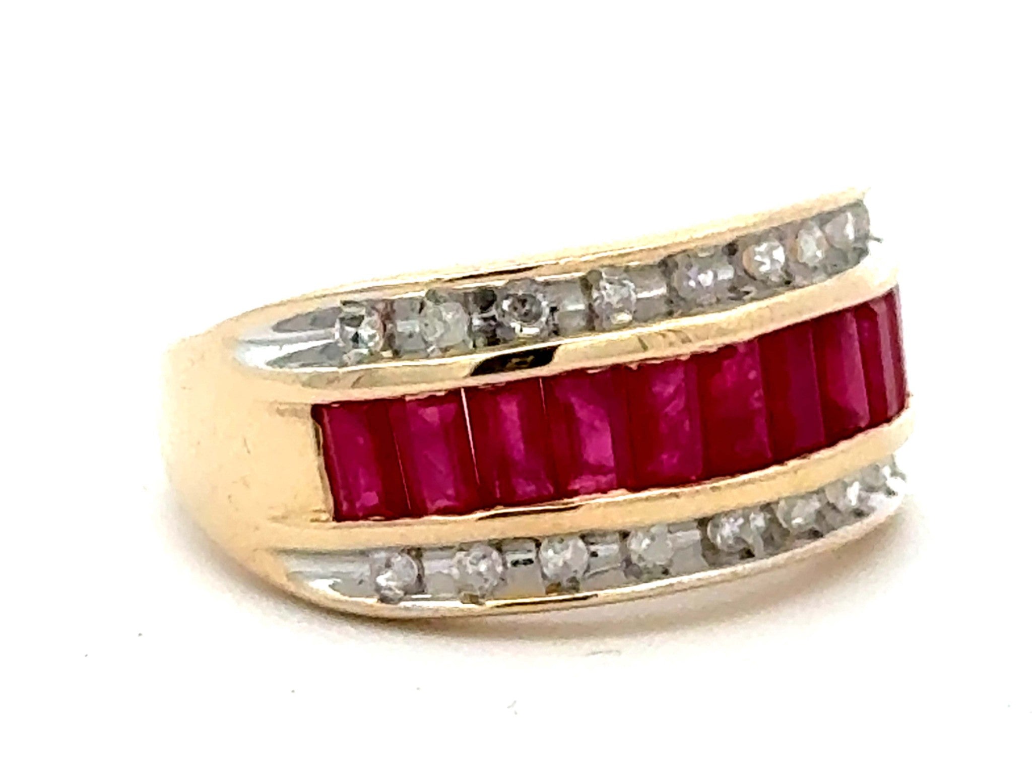 Baguette Ruby Center and Double Diamond Row Ring 14k Yellow Gold