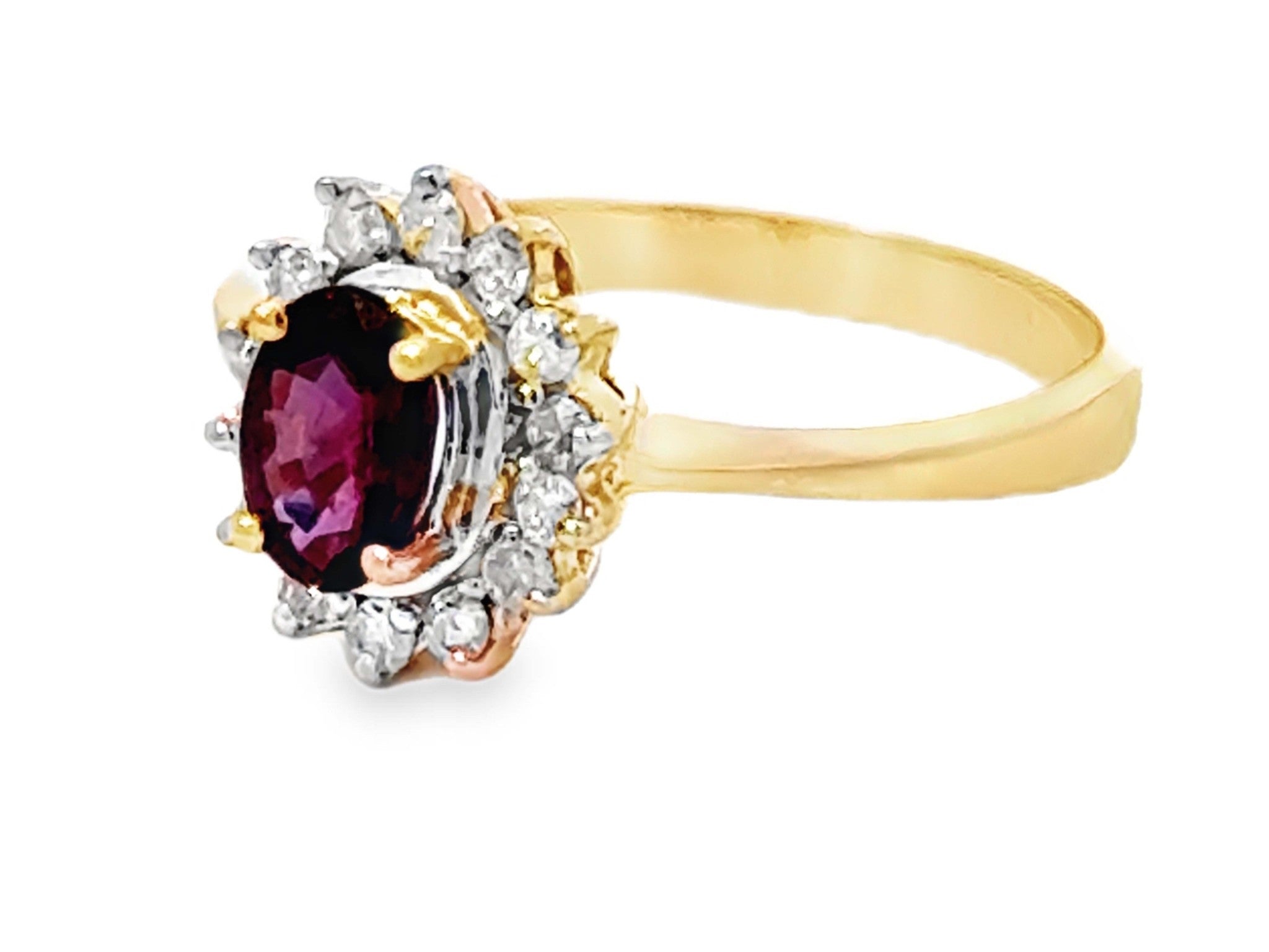 Oval Red Ruby and Diamond Halo Ring 14k Yellow Gold