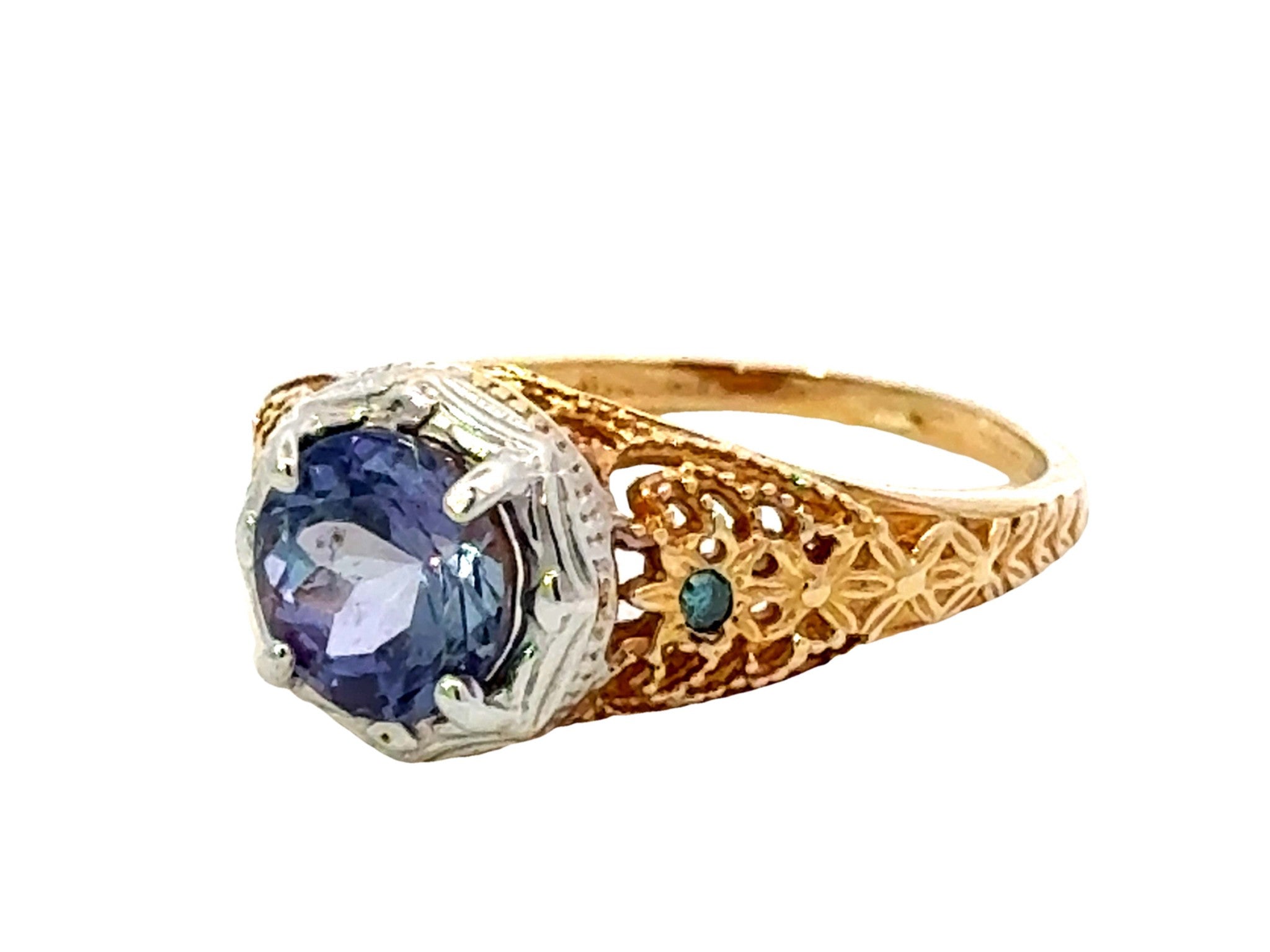 Blue Purple Round Tanzanite Filigree Ring 14k White and Yellow Gold